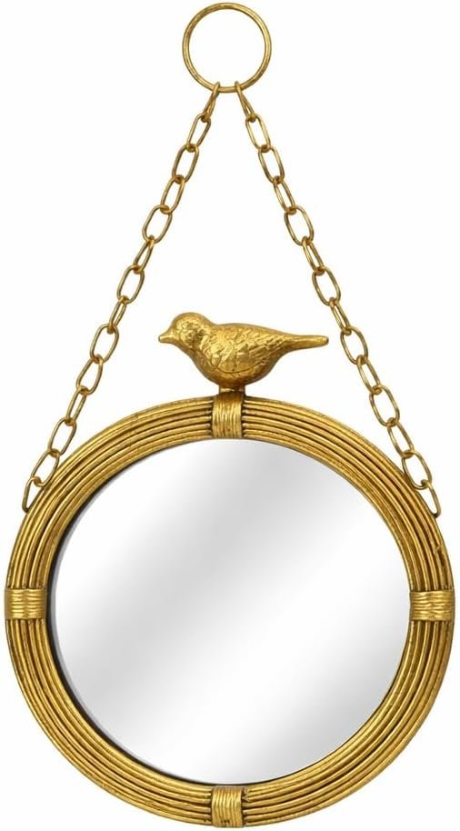 Adkoat® Vintage Gold Hanging Wall Mirror with Chain | 6.7″ Small Round Bird Decorative Mirror for Entryway, Bedroom, Bathroom, Living Room