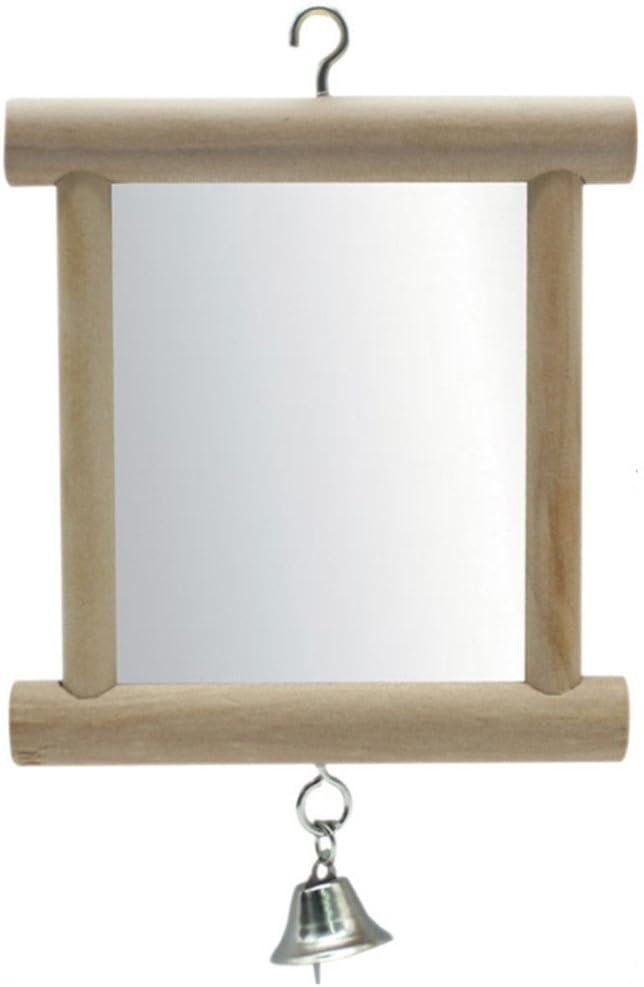 Hypeety Pet Bird Mirror with Bell Interactive Parrot Toy for Small Birds | Natural wooden mirror with sweet sound bell, easy to hang, for parakeet/cockatiel/cockatoo/conure/macaw/african grey/budgie