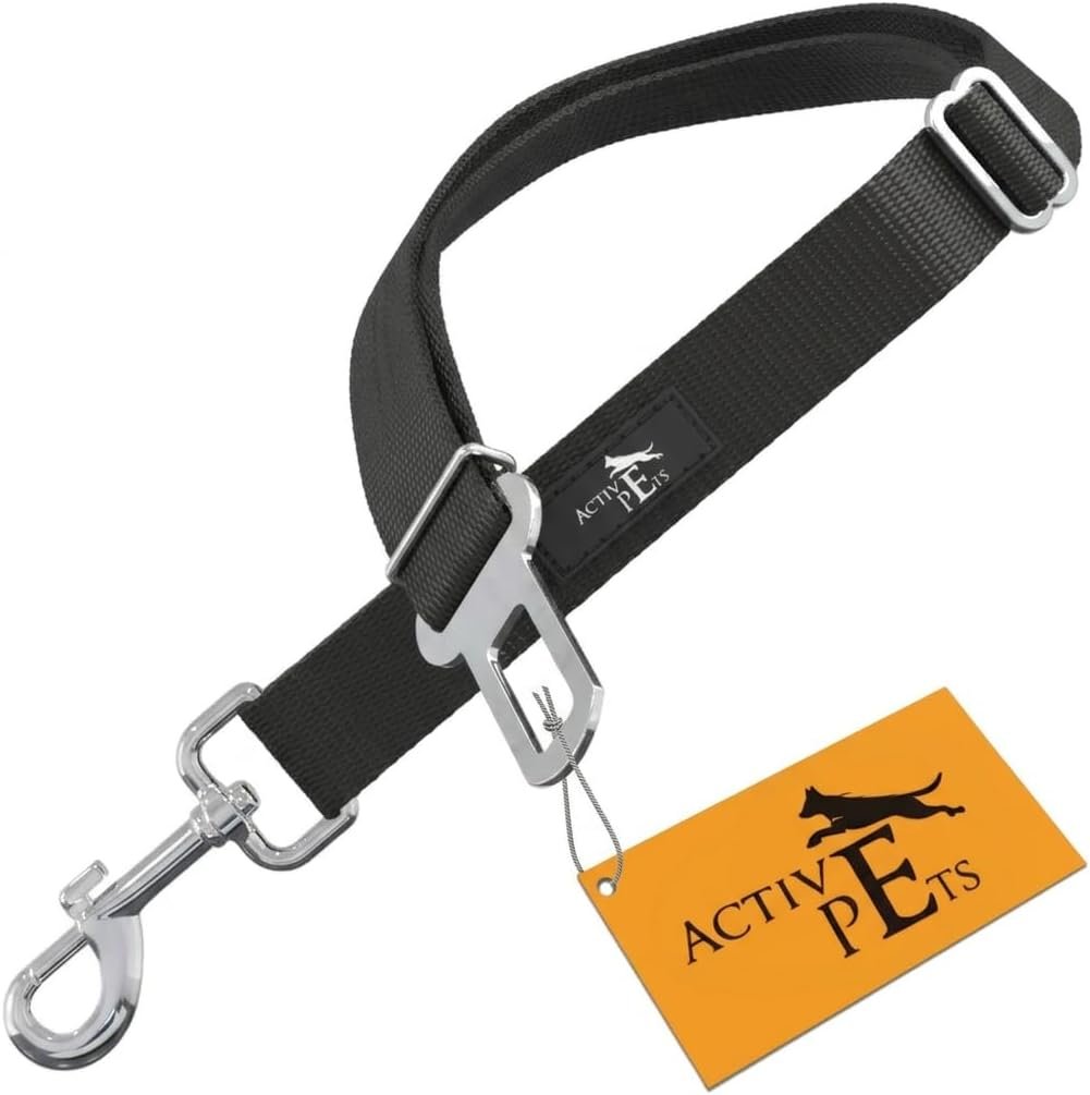 Black Car Seat Belt for Dogs, Attaches to Harness & Collar, Adjustable 18″ – 24″ Travel Restraint System Fits Small – Large Pups for Safety & Comfort, Essential Pet Supplies & Accessories