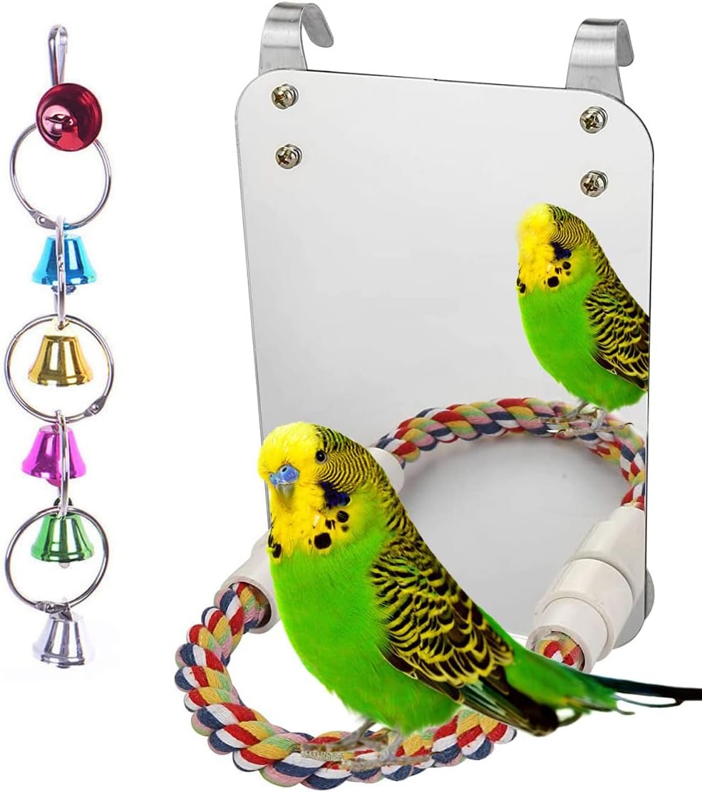 7″ Bird Mirror with Rope Perch Bird Toys Swing, Comfy Perch for Greys Amazons Parakeet Cockatiel Conure Lovebirds Finch Canaries