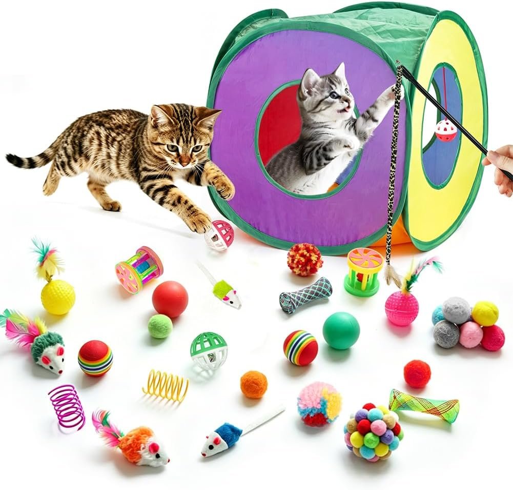 Retro Shaw 33 Pack Cat Toys for Indoor Cats, Collapsible Kitty Tunnel Tent with Feather Teaser Wand, Springs Balls Bell Mouse Interactive Kitten Hideaway Playhouse 15.7 Inches