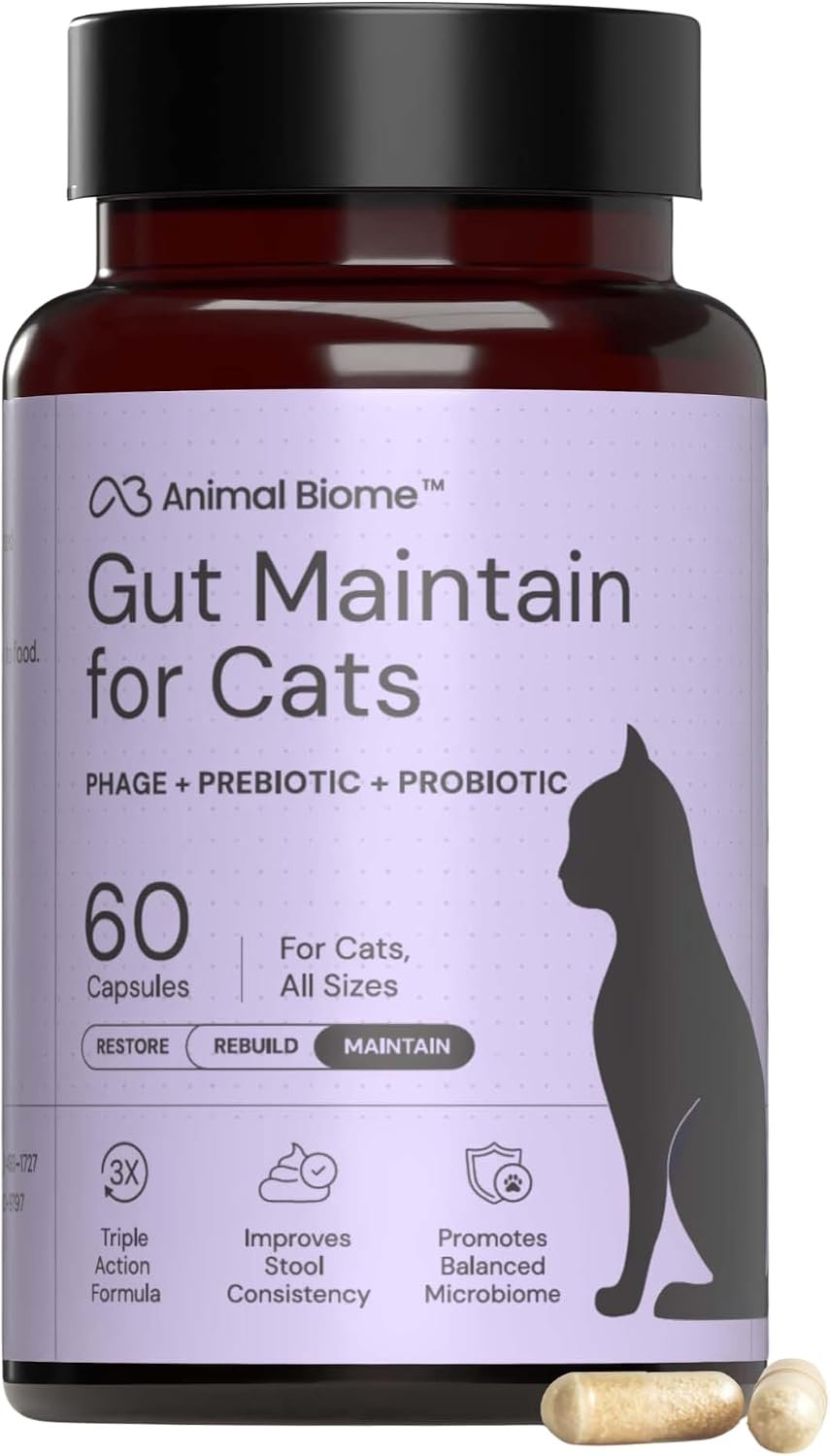Animal Biome Cat Pre and Probiotic, S Boulardii, Gut Maintain, 60 Capsules | Triple-Action Cat Probiotics, Prebiotics & Phage Supplements for Gut Health, Hairballs, Diarrhea Support, Open as Food Topper