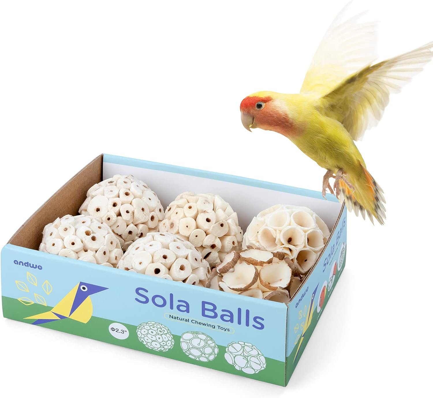 andwe Bird Toy Sola Balls – Natural Soft Chew Shredding & Foraging Toy for Cockatiel Conure Quaker Parrot Budgie Parakeet Rabbit Bunny Guinea Pig Chinchilla (Style 2 (Pack of 6))