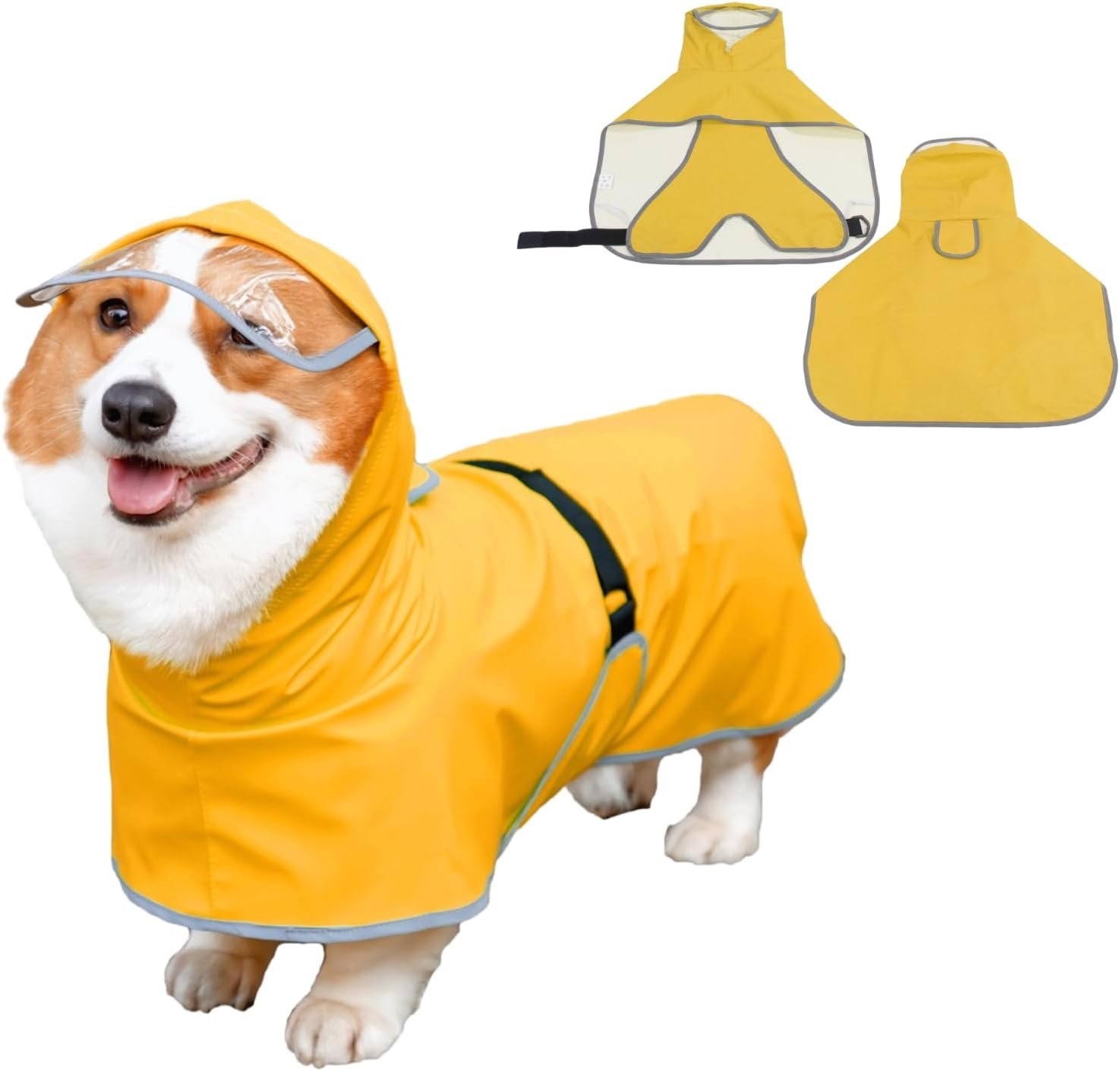 Dog Poncho Hooded Raincoat for Puppies & Small to Large Dogs, Reflective Strips for Night Safety, Lightweight & Adjustable Fit (X-Small, Yellow)
