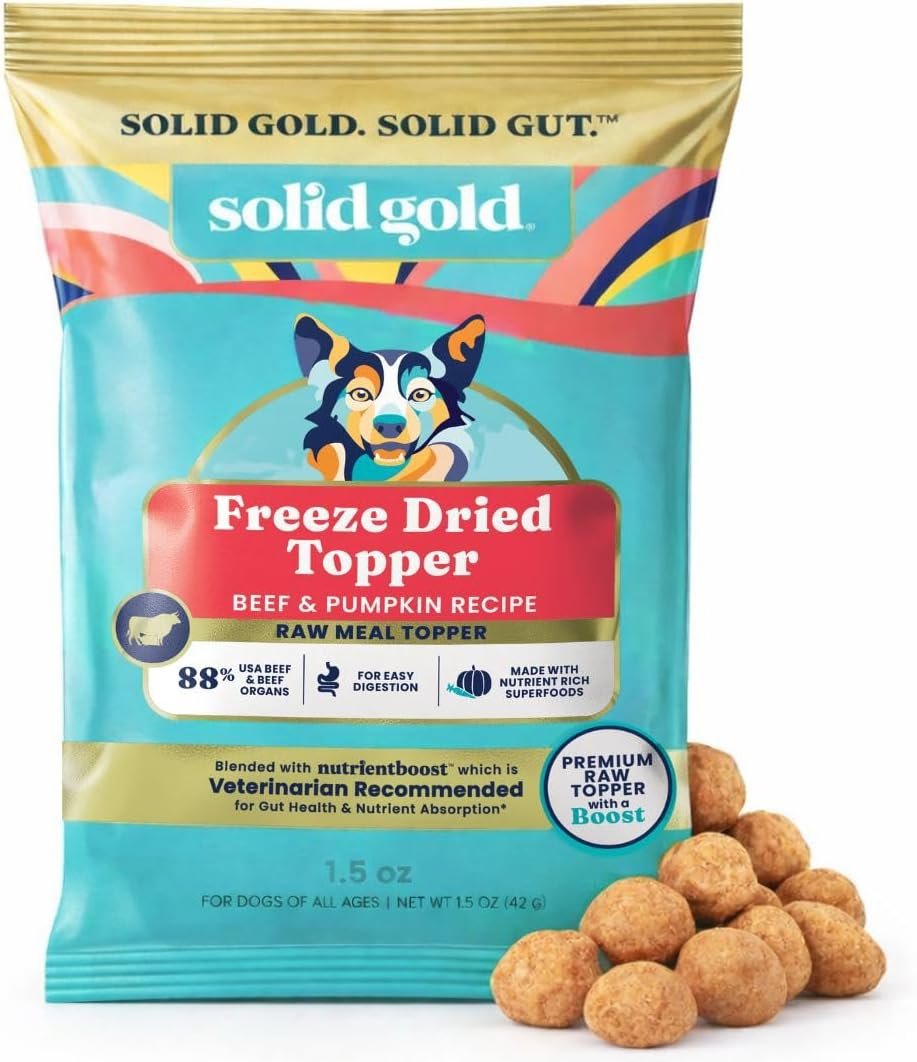 Solid Gold Freeze Dried Dog Food – W/Real Beef, Pumpkin & Superfoods – Freeze Dried Raw Dog Food Toppers for Picky Eaters to Serve as a Nutrient-Dense Meal Topper or High Protein Treats – 1.5oz