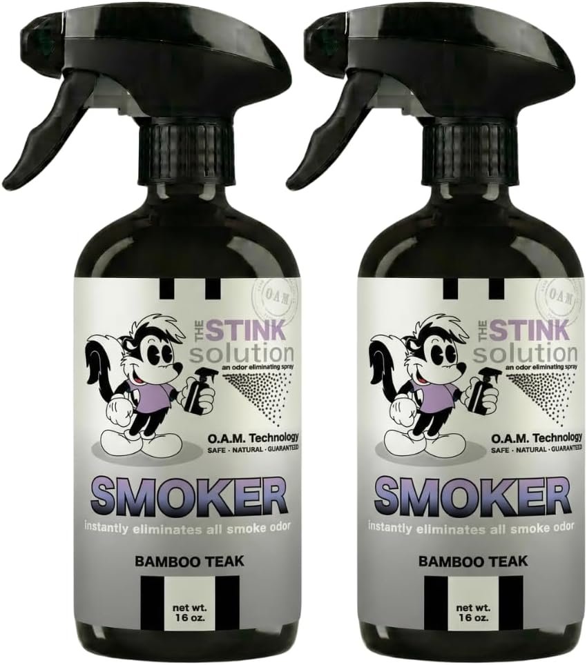 The Stink Solution Smoke Odor Eliminator Spray, Bamboo Teak, 2 Pack, 16 oz | Eliminates Smoke Smell at the Source. Deodorizer for Homes, Cars, Clothes, Walls, Upholstery and Curtains