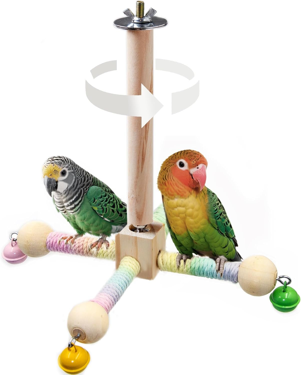 Bird Perch Toy with Bells, Interactive Wooden 360° Spin Cage Toy(S) | Exercise Wheel Parrot Toy, Cotton Wrapped for Soft Grip, Enrichment Bird Cage Accessories for Budgies Lovebirds Cockatiel