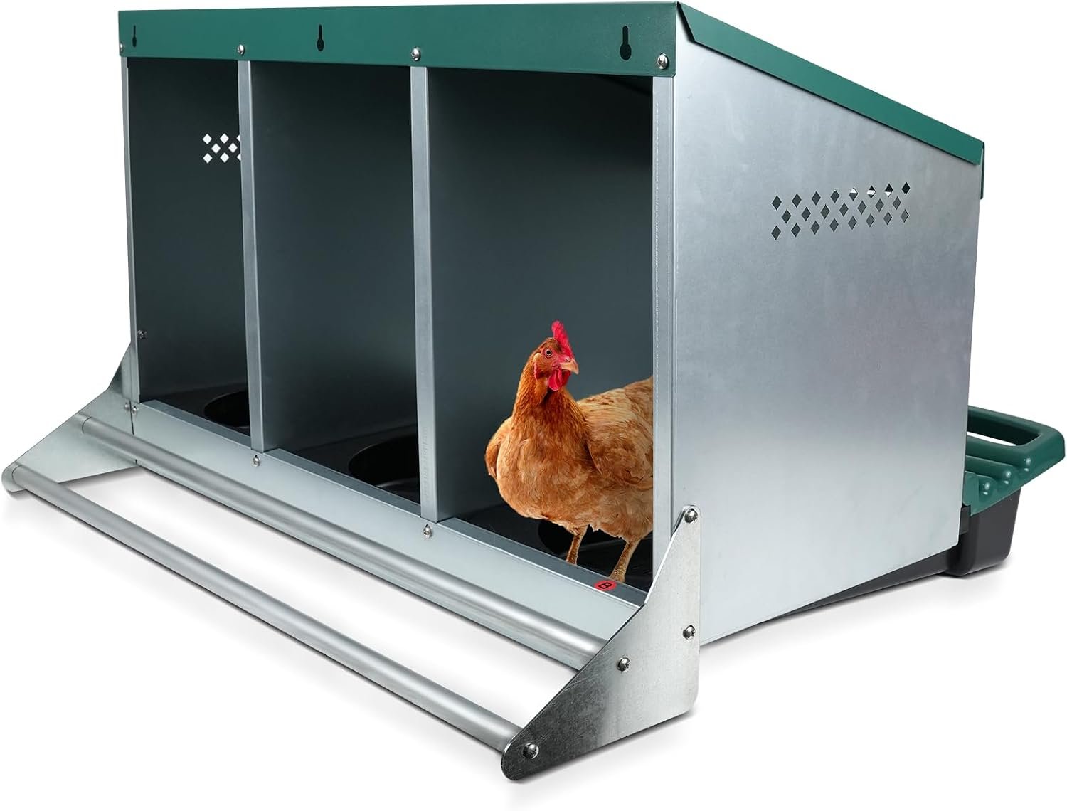 Chicken Nesting Box, 3 Holes Nesting Boxes, Heavy Duty Metal Laying Boxes, Roll Away Nesting Box Egg Collection Tray, with Roosting Pole for Chicken Coop(Green)