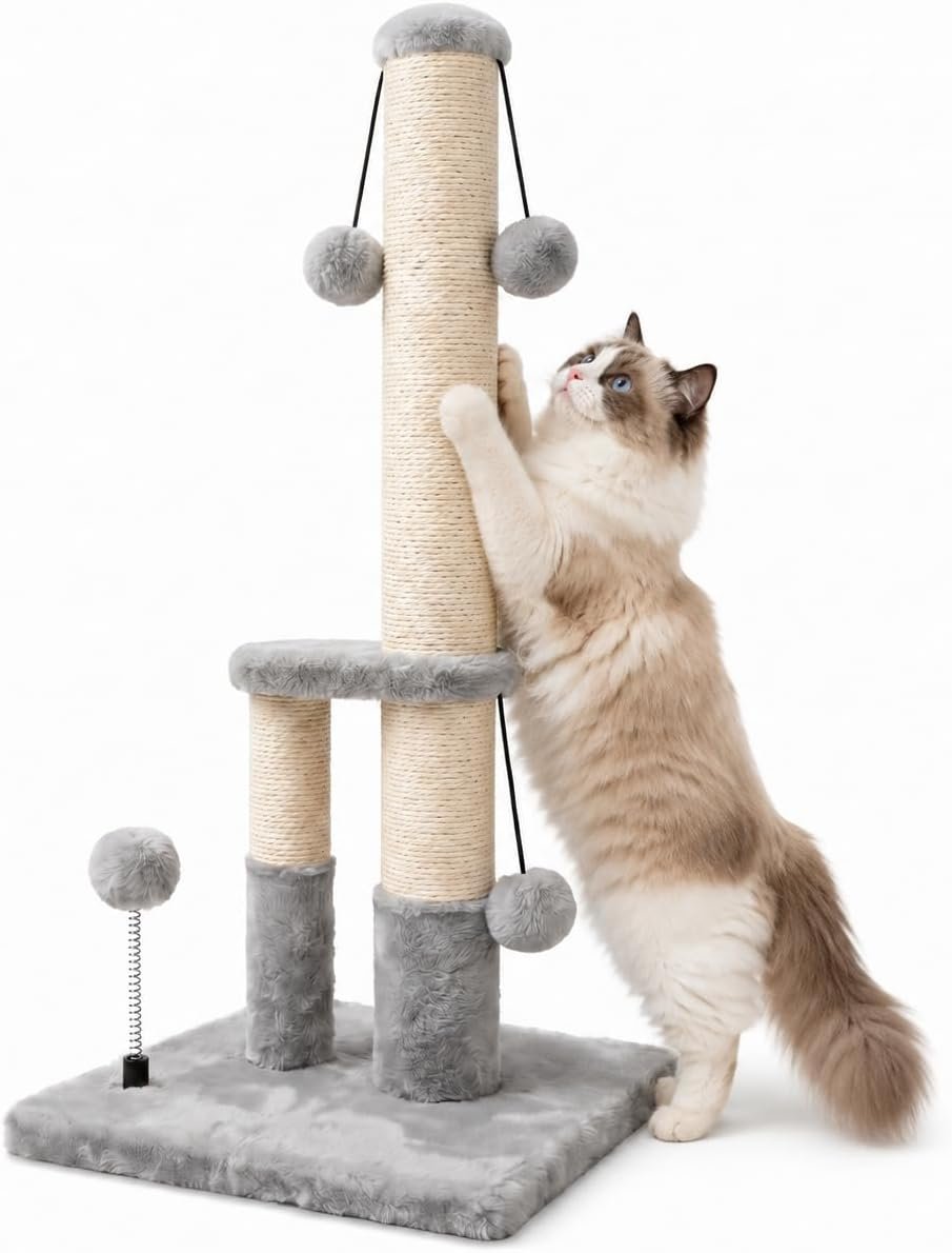 Dimaka Tall Cat Scratching Post, Double Lower Posts Extra Stable Cat Post Tree Scratcher with Sisal Rope and Teasing 4 Balls Total Large Base (Grey)