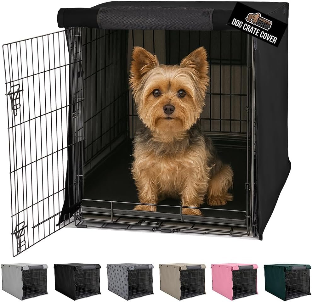 GORILLA GRIP Dog Crate Covers Compatible with Amazon Basics Dog Crates, All Sides Open, Privacy Cover Fits 24″ Wire Kennel, Breathable Mesh Windows, Light Reducing Puppy Training Cage Topper, Black