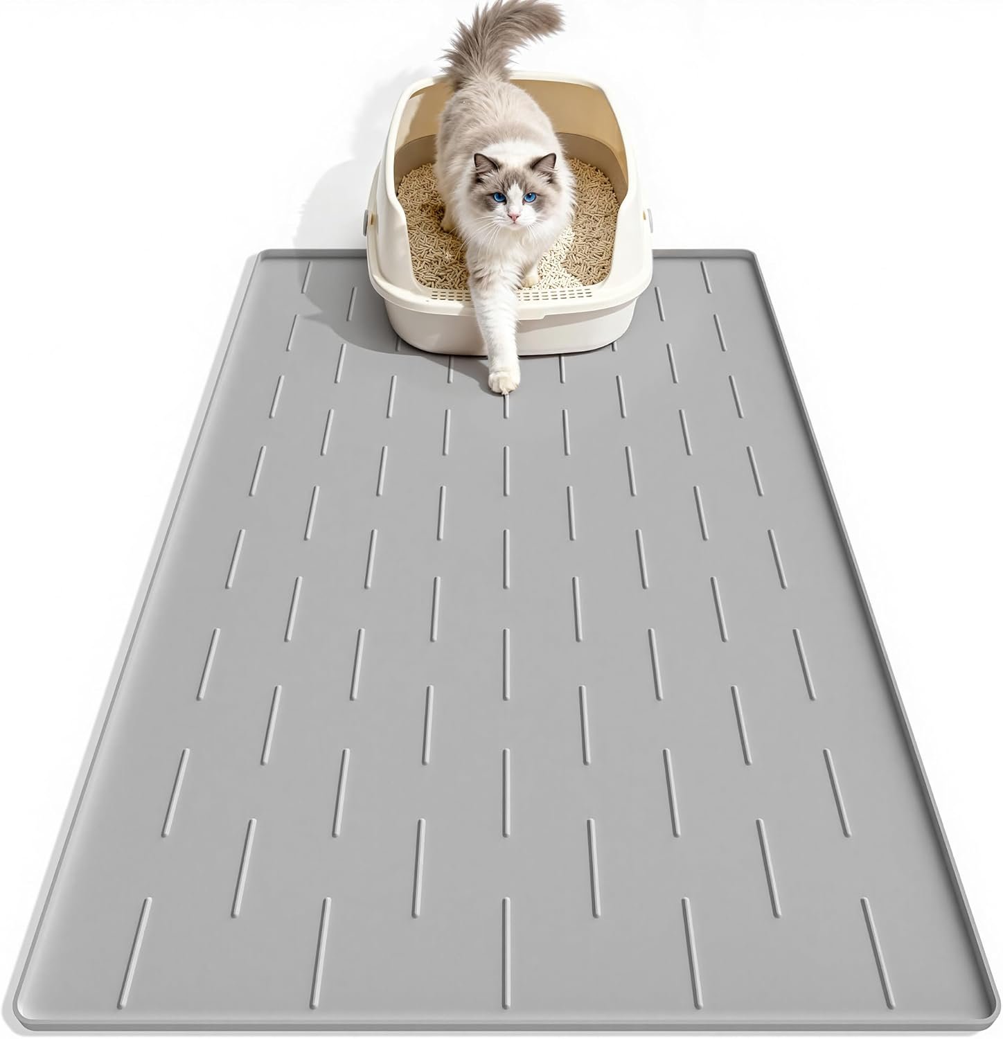 Pieviev Silicone Cat Litter Mat, Traps Litter & Easy to Clean, 34” x 22” | Raised Edges Lock Litter & Urine, Scratch and Wear-Resistant Cat Box Mat, Non-Slip Backing, Fit Most Standard Boxes