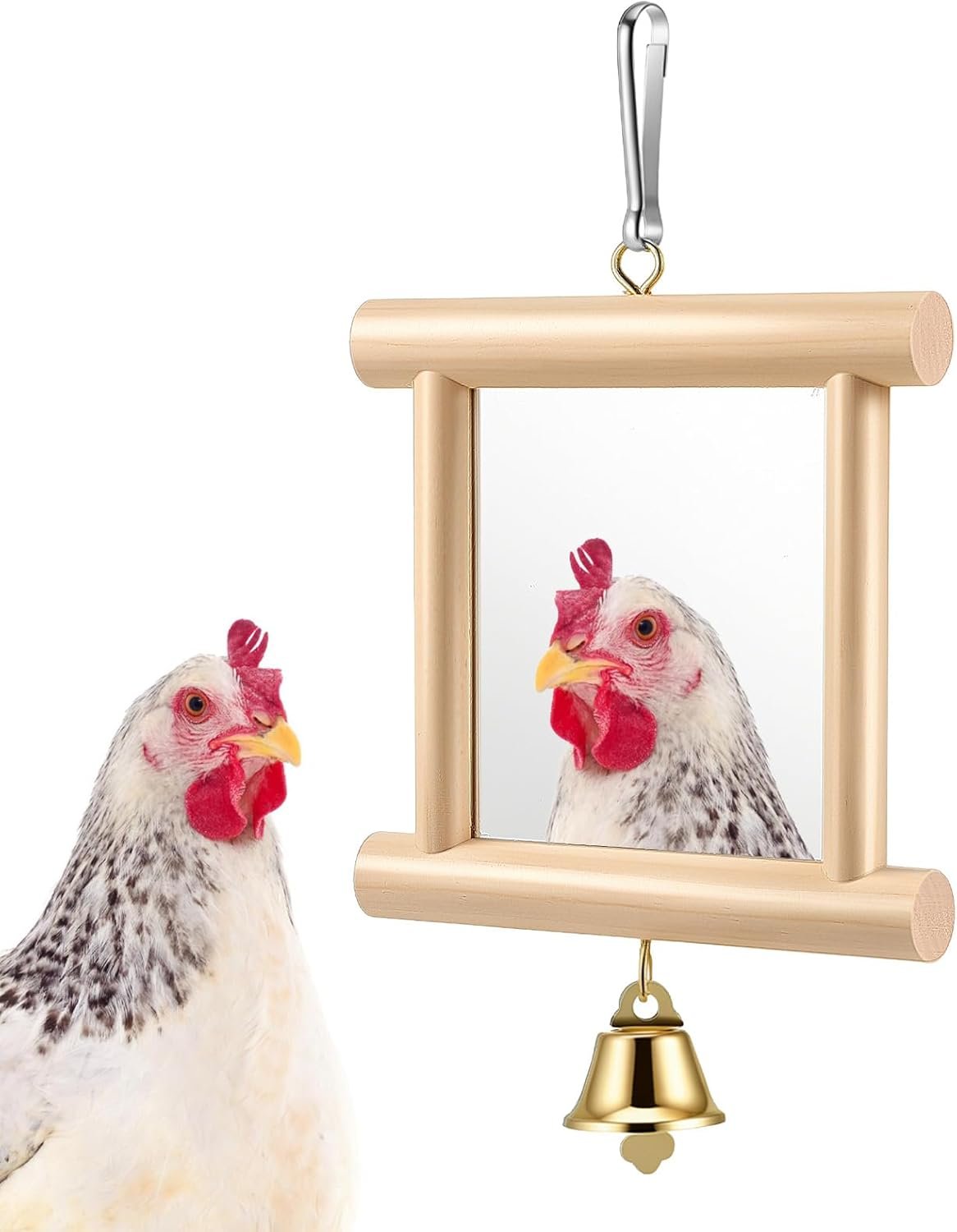 Bird Mirror with Bell for Cage for Coop Enrichment, 4 x4 Inch Hanging Swing Pet Mirror Chicken Enrichment Toys for Hens Birds Parrots(Wood Color)