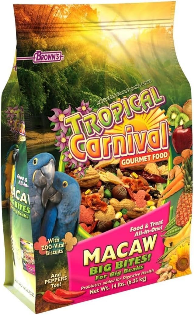 F.M. Brown’s Tropical Carnival, Gourmet Macaw Food Big Bites for Big Beaks – Seeds, Veggies, Fruits, and Nuts with Probiotics – 14 lb