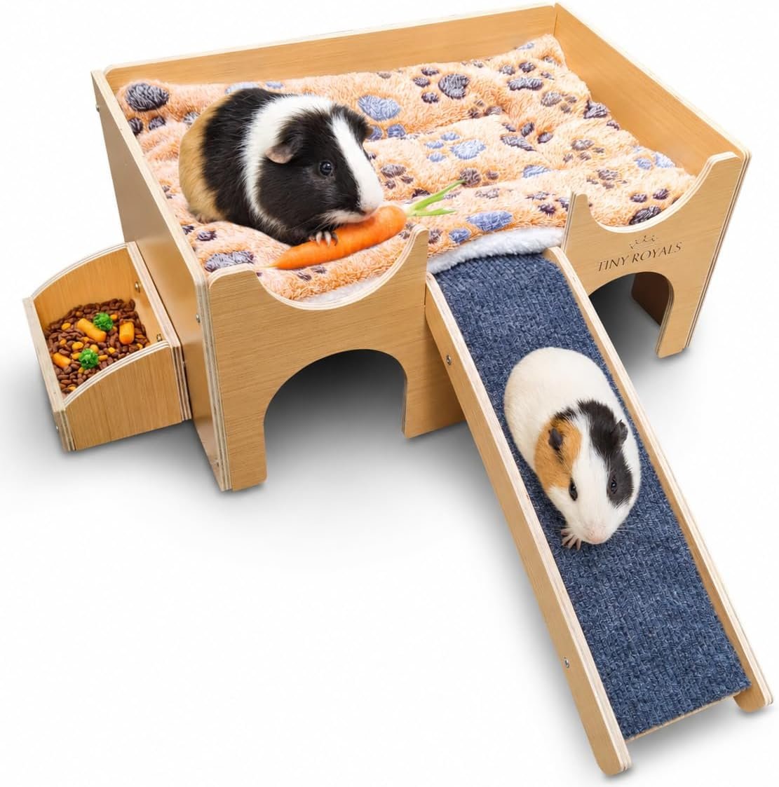 Guinea Pig Wooden Hideout with Built-in Feeder, Screw-Assembled Natural Wood Castle with Absorbent Fleece Mat, Ramp & Accessories, Cozy Safe Hideaway for Small Pets to Rest, Play & Explore