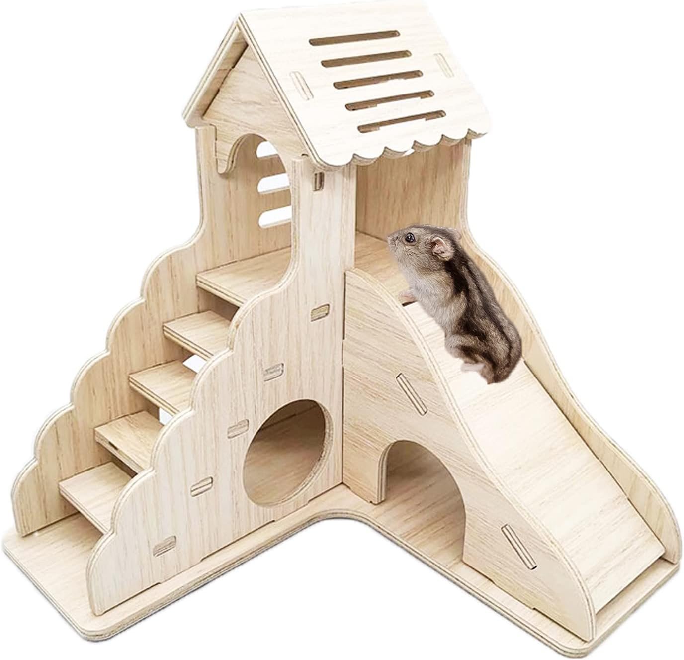 Hamster Hideout Cage Accessories – Hamster House and Habitat Wooden Hide Hut with Climbing Ladder and Slide for Dwarf Gerbils and Mouse Mice Rat Other Small Animals etc.