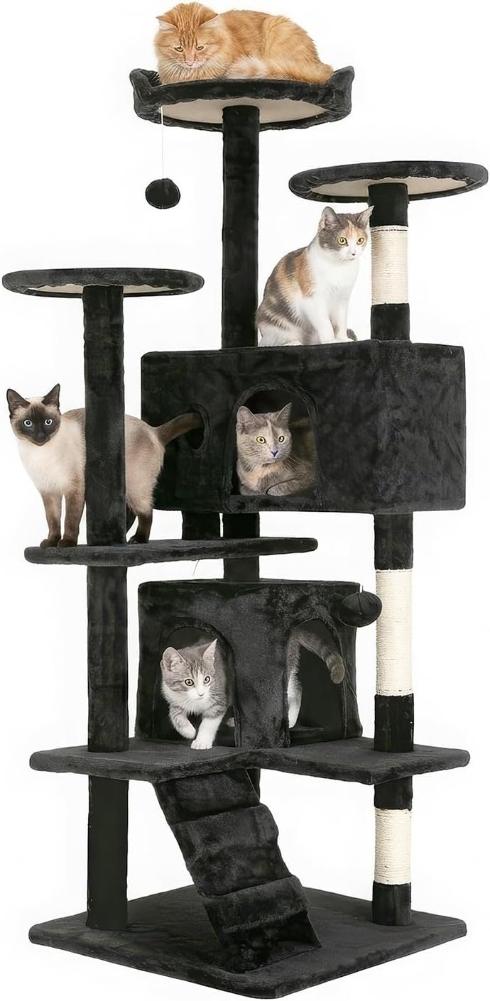 FDW | 54″ Cat Tree Tower | Dark Gray | Multi-Level Indoor Activity Center with Sisal Scratching Posts, Condos, Plush Perches, Hanging Cat Toys | Sturdy, Easy to Assemble | for Kittens & Adult Cats