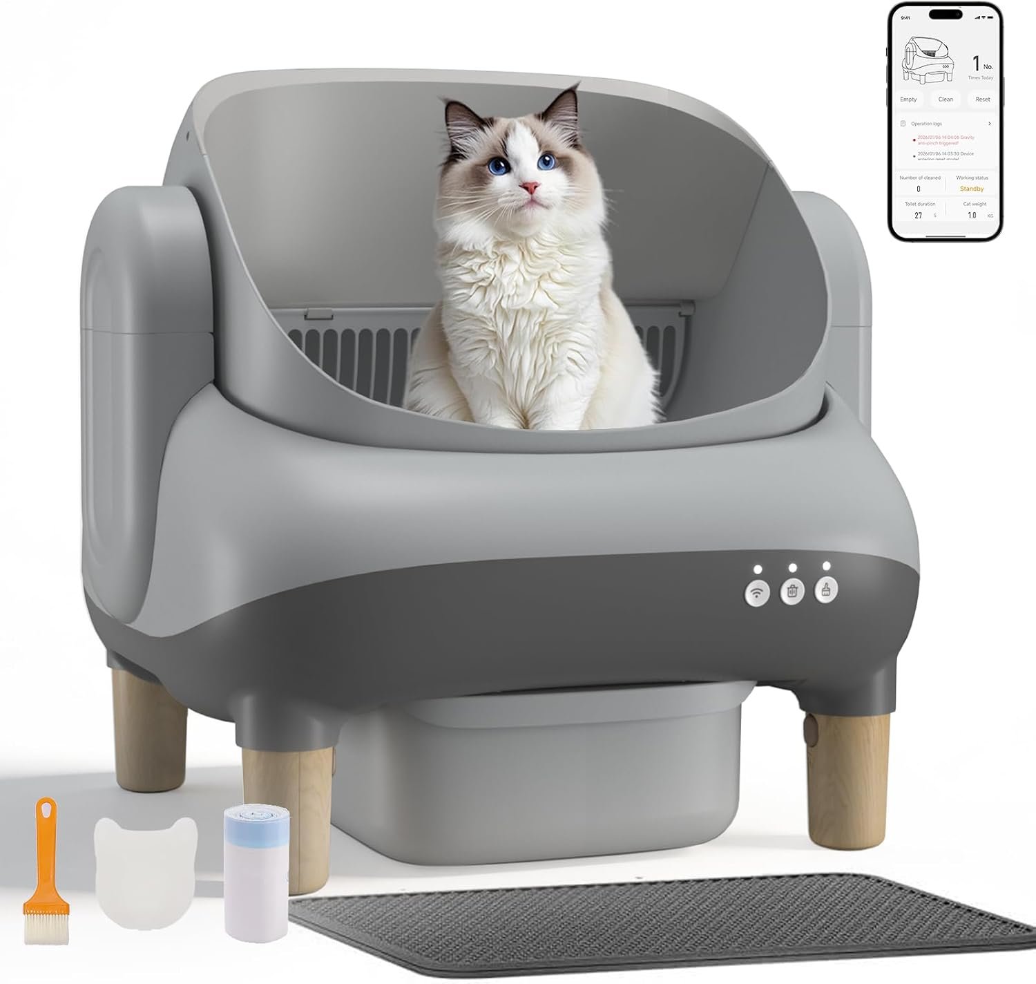 GTPLAYER Self Cleaning Litter Box, Open Top Cat Automatic Litter Box – APP Control and Weight Monitoring, Safety Sensors Protection, Ultra-Quiet, Odor Control, Includes Trash Bag& Scrub Brush, Grey