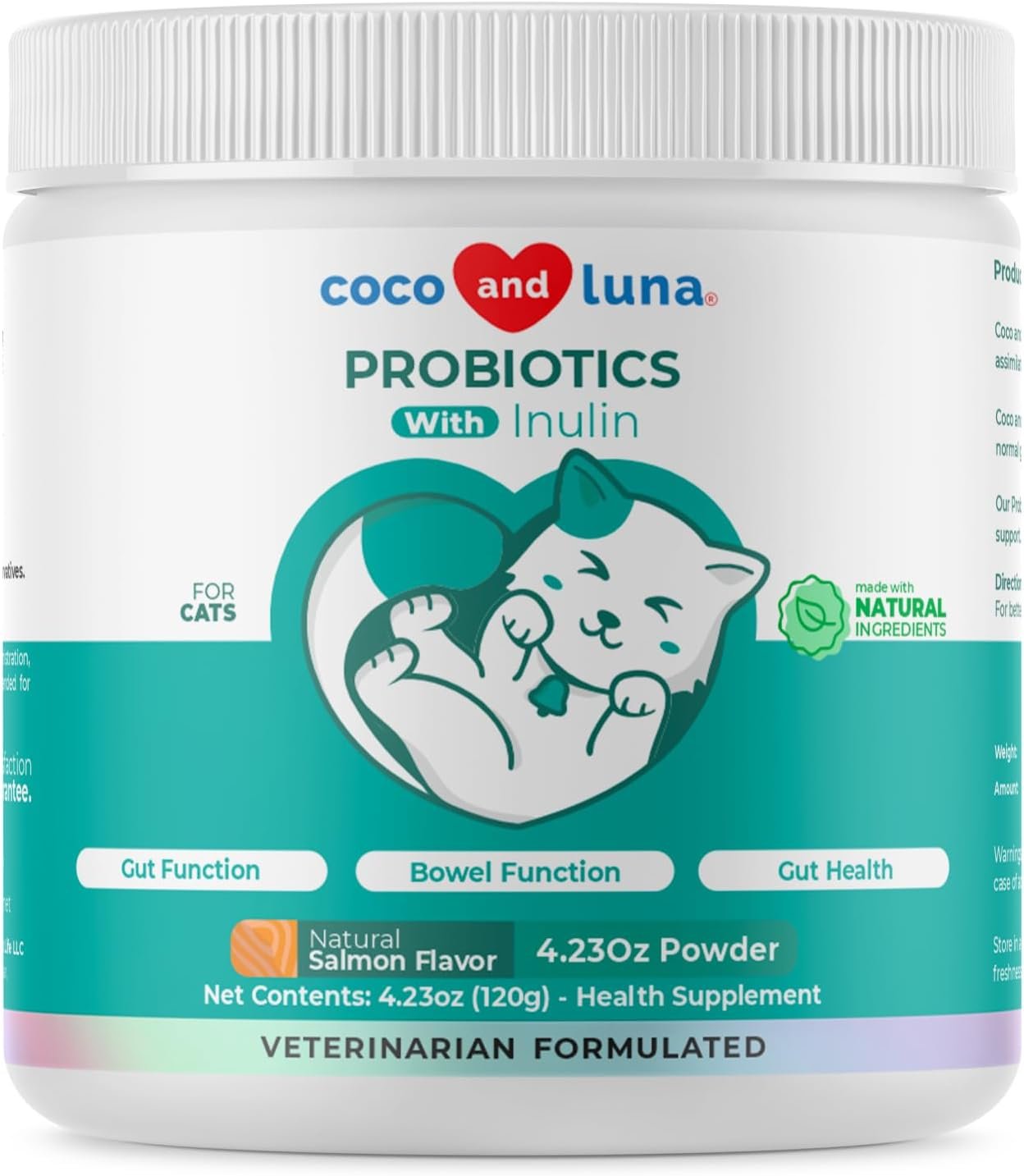 Probiotics for Cats Powder – Digestive, Gut & Diarrhea Support | With Inulin & Prebiotics. Supports gut health, reduces gas, diarrhea, constipation & allergy symptoms in cats.