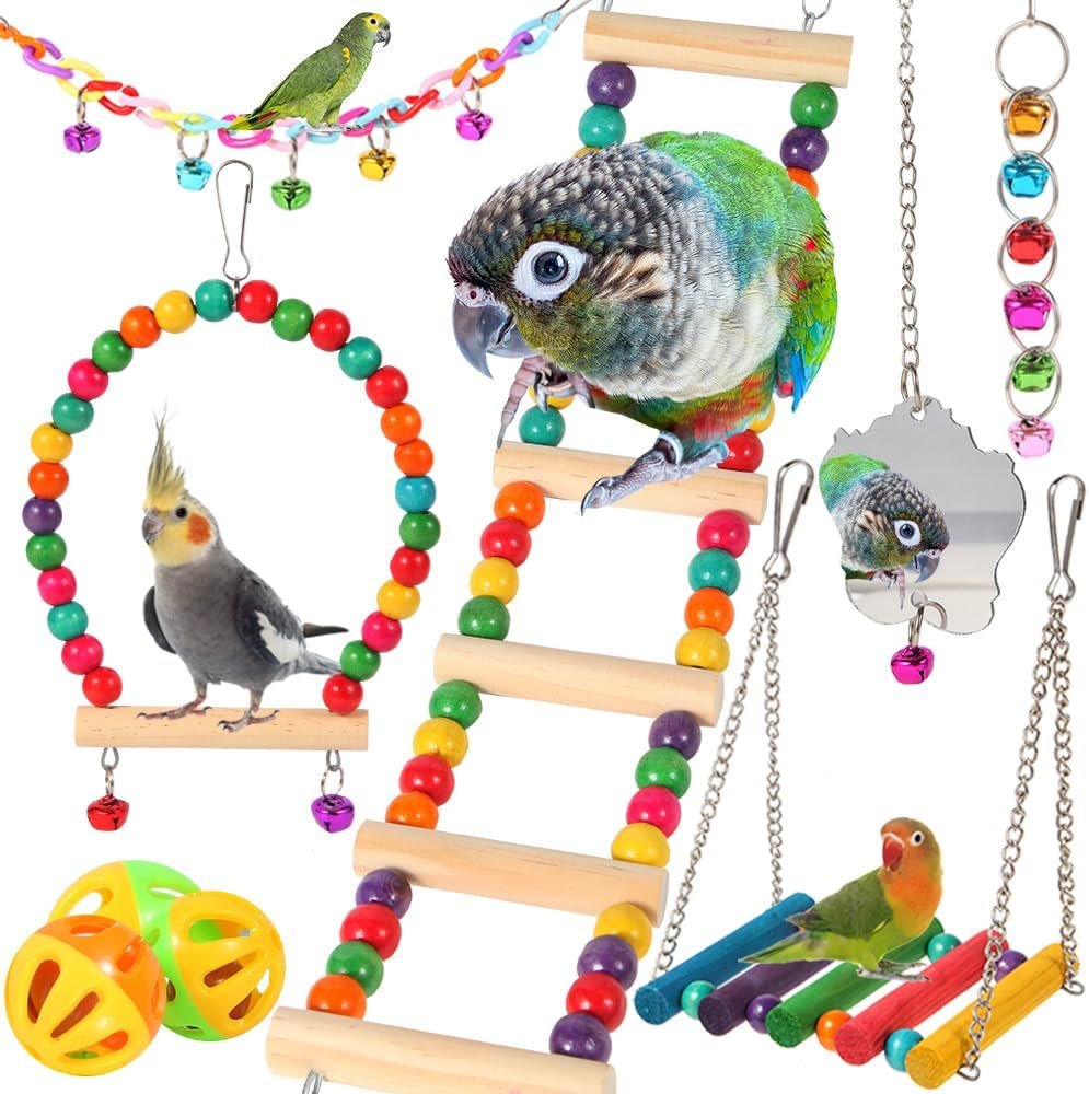 YIXUND Bird Toys for Parakeets, Parrots, Conures, Cockatiels, Love Birds, Finches, Mynah, Budgerigar – 9Pcs Wooden Ladder Bridge, Swing, Hammock, Cage Accessories