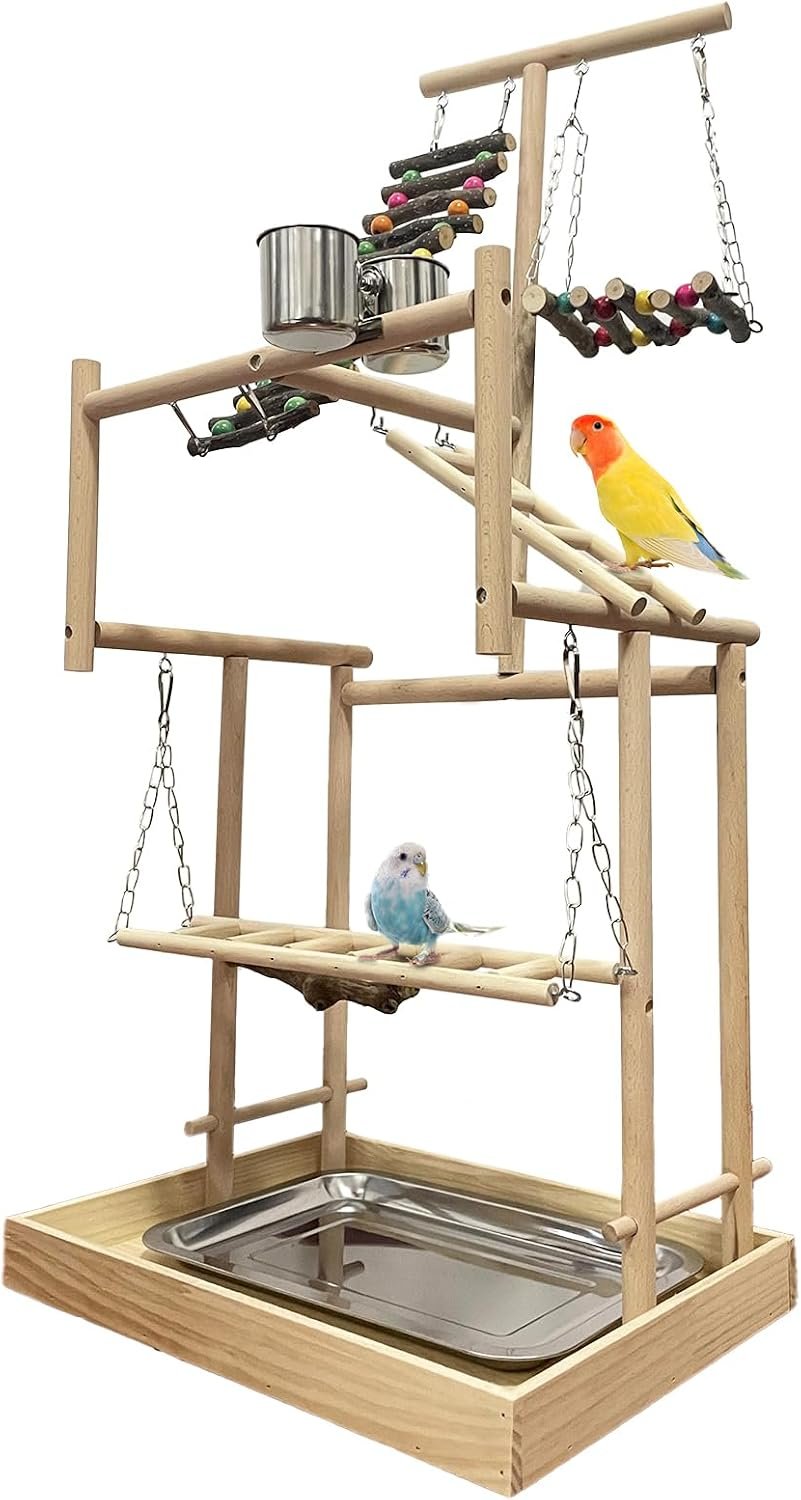 Hamiledyi 4 Layers Large Bird Playground 32″ H Pet Parrot Playstand Gym Perch Wood Playpen for Parakeets Lovebirds Conure Cockatiel Cockatoos Finch Budgies or Other Small and Medium Sized Birds