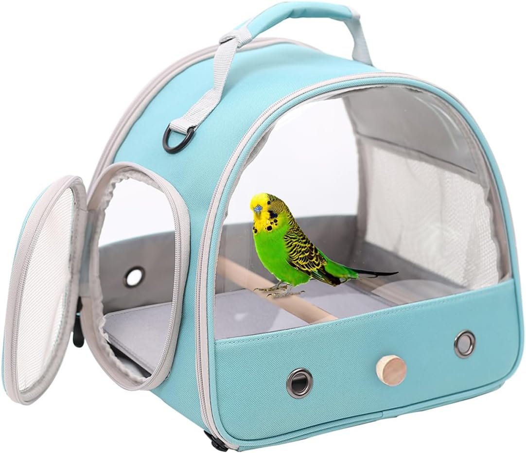 Bird Carrier, Portable Small Bird Parrot Parakeet Carrier with Standing Perch and Mat, Side Access Window Collapsible (Green, Clear Windows)