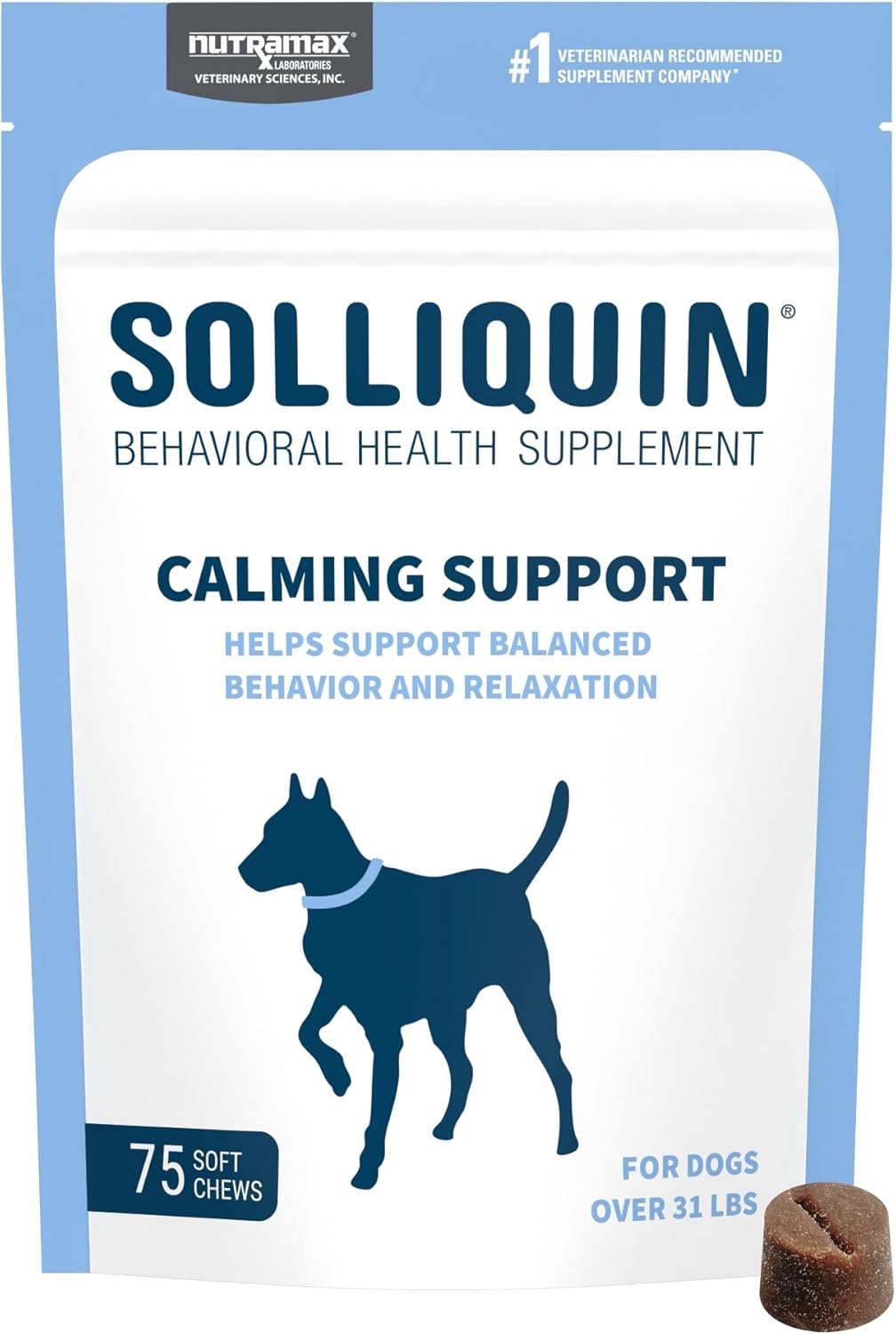 Nutramax Solliquin Calming Support Supplement for Dogs, Soft Chews, 75ct | Calming Support Soft Chews for Dogs, with L-Theanine, Magnolia, Phellodendron & Whey Protein Concentrate, For Dogs Over 31lbs