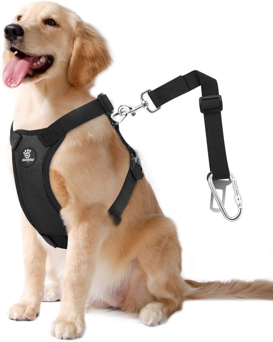 Dog Seat Belt Vest Harness for Car, 2 in 1 Seatbelt Buckle | Soft Breathable Mesh, Adjustable Buckle, Nylon, Heavy Duty Pet Safety Seat Belts for Small Medium Large Pets, Black, XL