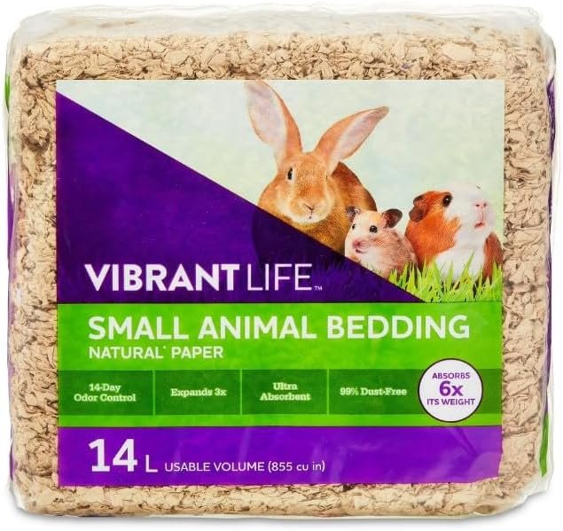 Vibrant Life Small Animal Bedding, Natural Paper ~14 L Bag ~ 99% Dust-Free, Ultra Absorbent, 14-Day Odor Control.