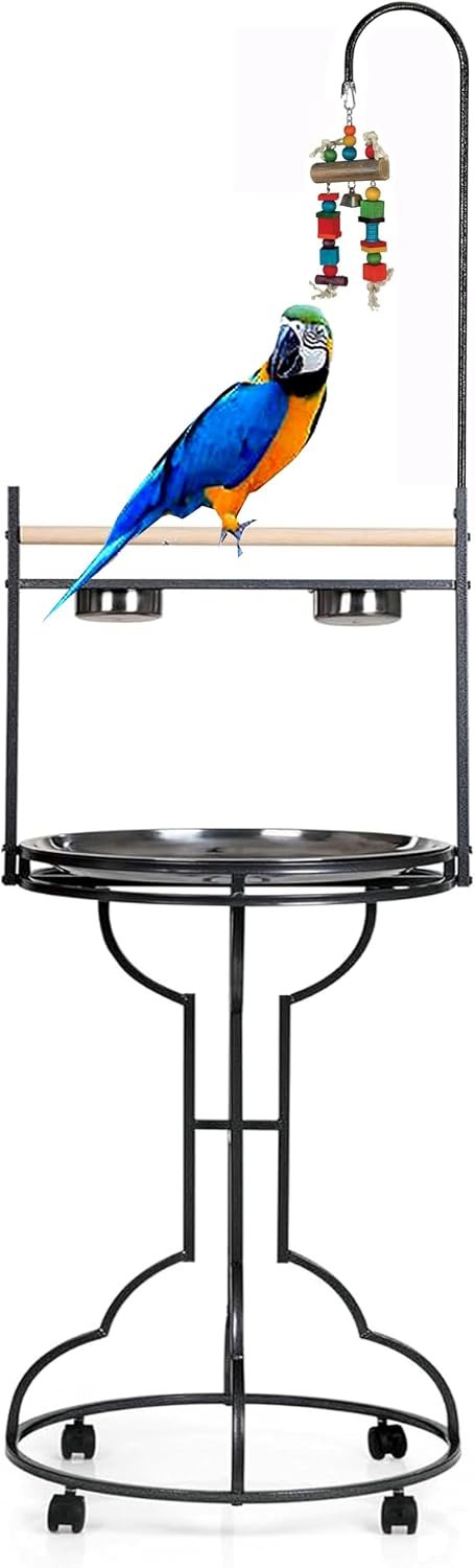 Elegant and Durable Wrought Iron Parrot Bird Play Perch Sturdy 4-Leg Rolling Stand Perch Gym Ground with Removable No Rust Stainless Steel Tray and Feed Cups Toy Hook