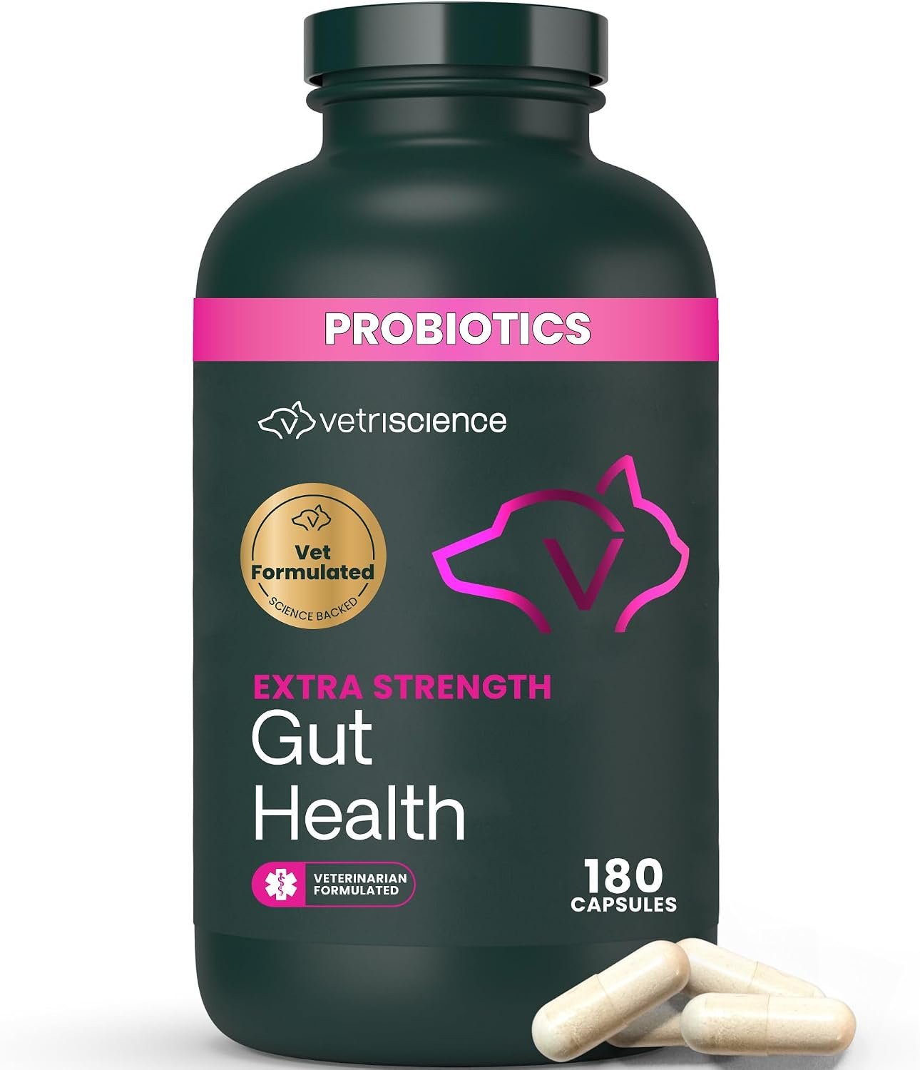 VetriScience Extra Strength Gut Health Probiotic & Prebiotic Digestive Supplements for Dogs & Cats, Gas & Diarrhea & Immune Support, Easy-Open Capsules, 180 Count