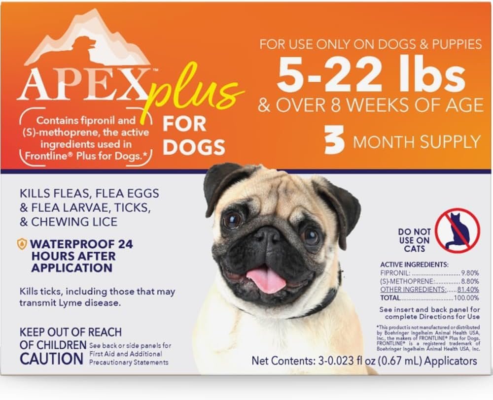 Apex Plus Flea & Tick Prevention for Small Dogs (5-22 lbs) 3-Month Supply | Topical Treatment, Easy to Apply, 24-Hour Activation, Waterproof, 30-Day Protection, 3 Doses, Made in the USA