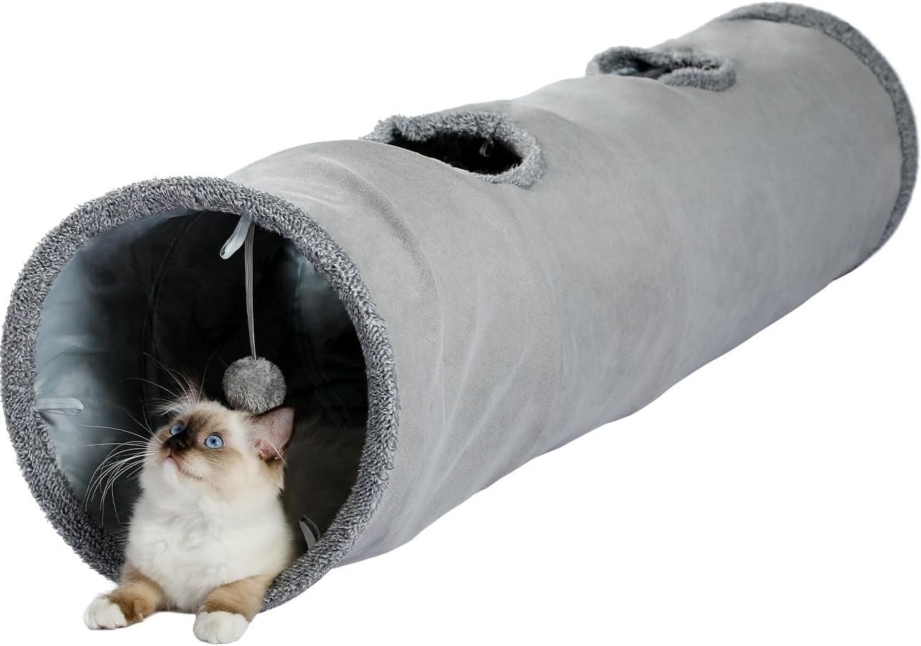 PAWZ Road Cat Tunnel 51 Inches Long Cat Toys Collapsible Tunnel 12”Diameter | Large Cats Tube for Big Cats,Rabbits and Puppy Extra Long Cat Play Tunnel Straight with 2 Peepholes for Indoor&Adult Cats