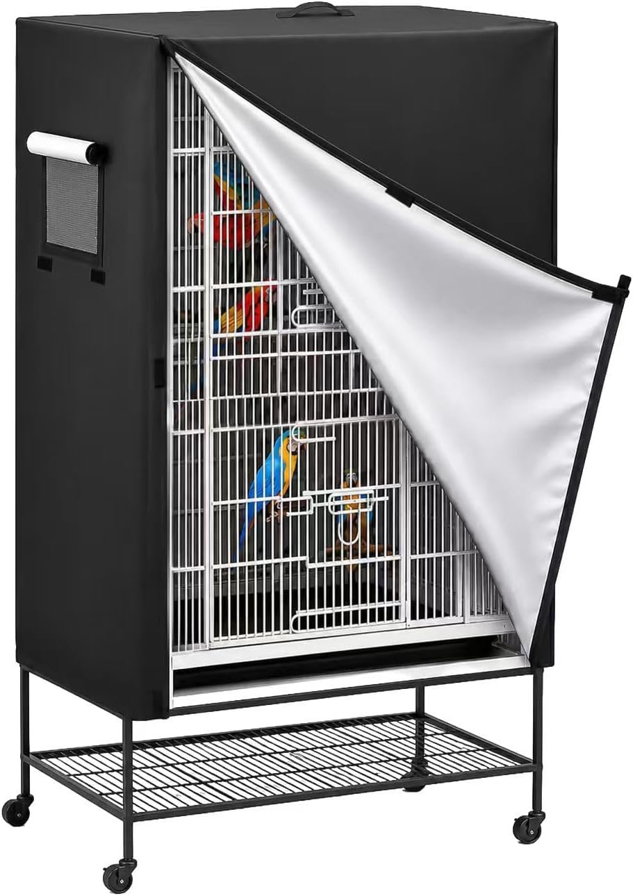 600D Durable Bird Cage Cover, Size: XL, Breathable and Light Blocking | Heavy duty, waterproof, universal fit for parrots, parakeets, cockatiels. Black. 38Lx24Wx48H. Easy Velcro install.