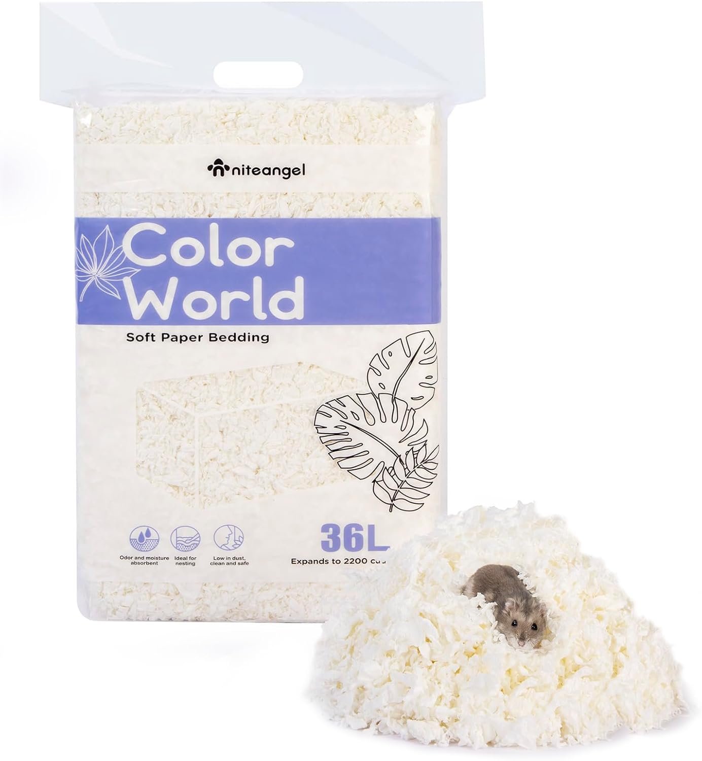 Niteangel Paper Pellets Hamster Bedding: 36L White Absorb Odors & No Dust | Respiratory-Friendly & Encourage Digging Instinct – DIY Tunnel System for Syrian Dwarf Hamster Gerbil Mice Rat or Small Pets