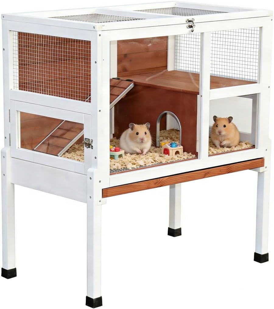 2-Story Guinea Pig Cage with Stand, Indoor Wooden Hamster Cage with Ramp, Pull-Out Tray, Hideout & Platform, Acrylic Transparent Small Animal Habitat for Chinchillas, Ferrets, Hedgehogs, Walnut