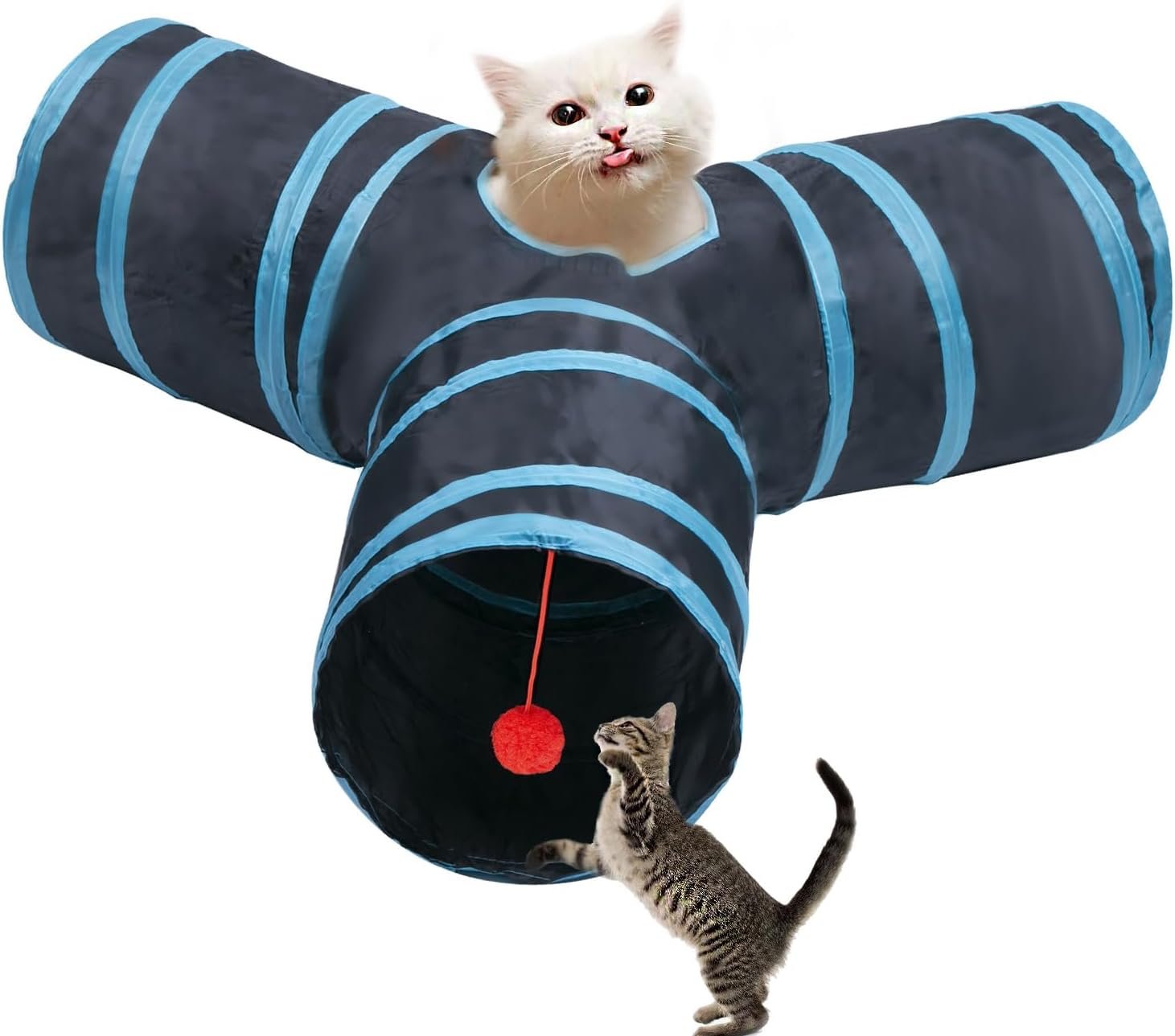 Cat Tunnel Tube Toys, 3 Ways Tunnels for Indoor Cats with Play Ball | Collapsible Pet Tube with Interactive Peephole Interactive Toy for Rabbits, Kittens, Ferrets, Puppy(Blue Black)