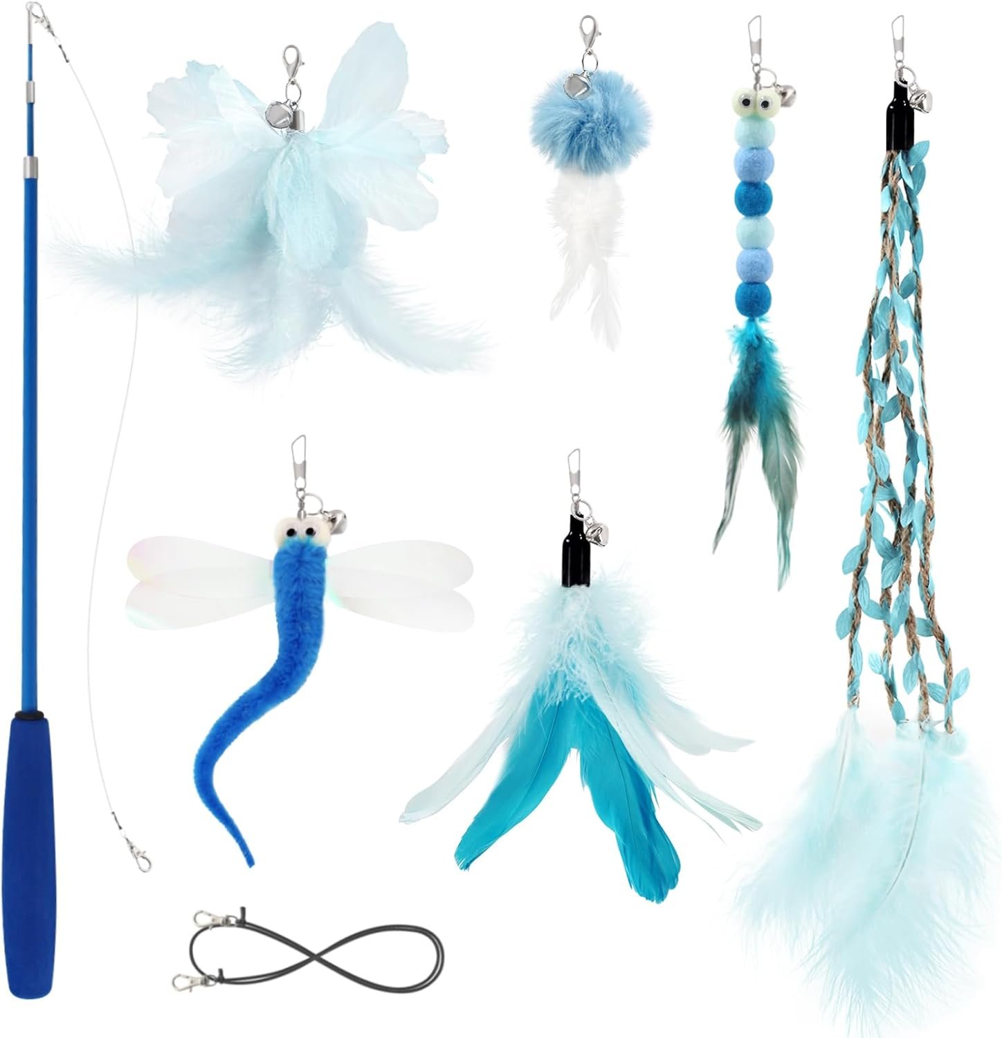 SONGWAY Cat Wand Toys for Indoor Cats – Cat Toy Set with Retractable Teaser Wand and 6 PCS Fairy Feather Toy Refills, Dragonfly Tassel Plush Cat Toys Interactive, Blue