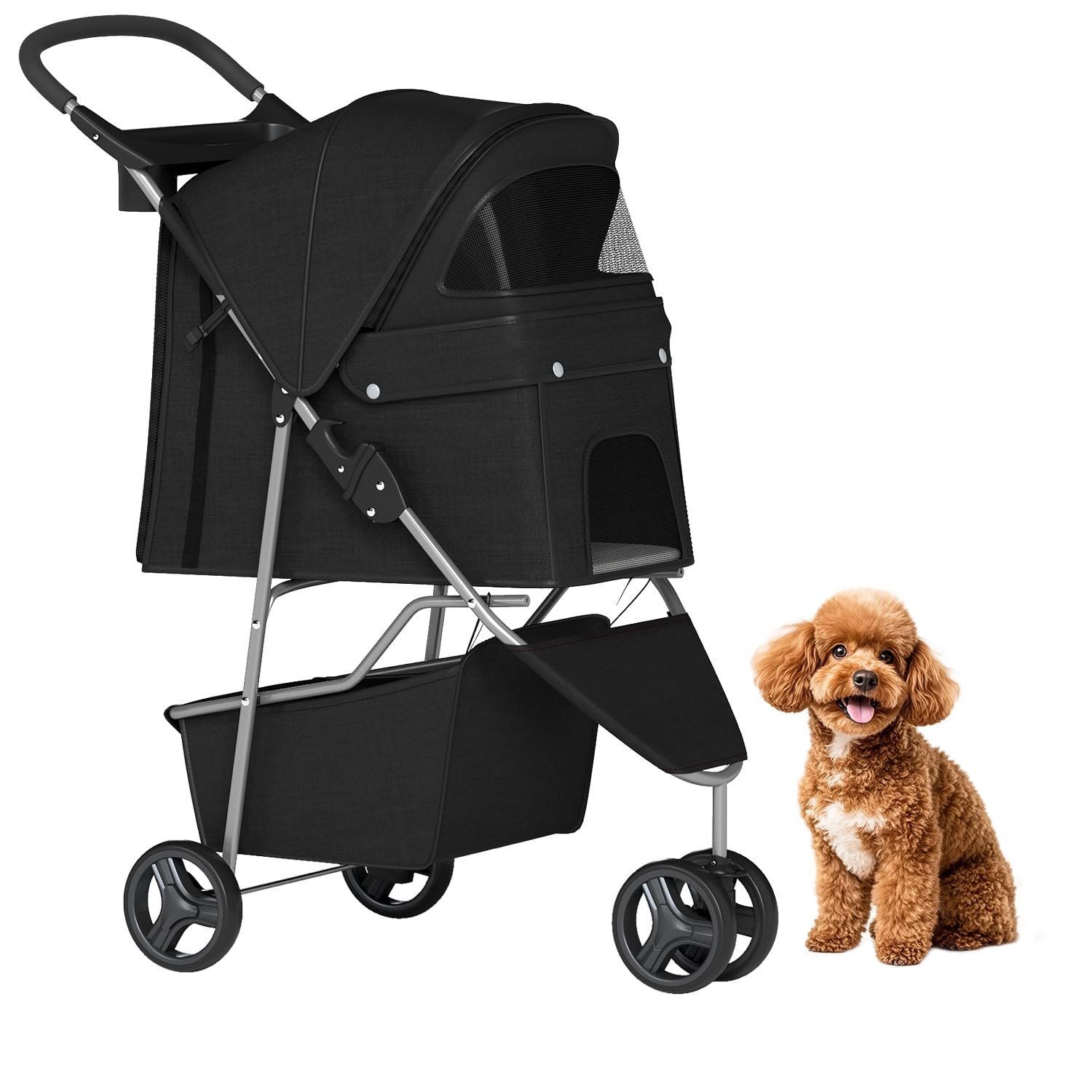 BestPet | 3-Wheel Pet Stroller | Dog and Cat Stroller | Breathable Mesh | Lightweight Travel Carrier | Waterproof & Foldable Design | Storage Basket | Black | for Daily Walks & Outdoor Use | Breathable Mesh | Lightweight, Waterproof Travel Carrier with Cup Holder & Storage Basket | for Daily Walks & Outdoor Use