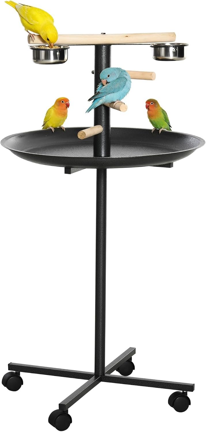 PawHut Bird Play Stand, Portable Parrot Perch, Bird Feeder Station, with Four Wheels, Stainless Steel Feeding Bowls, Round Tray, Grey | Bird Feeder Station, Stainless Steel Feeding Bowls