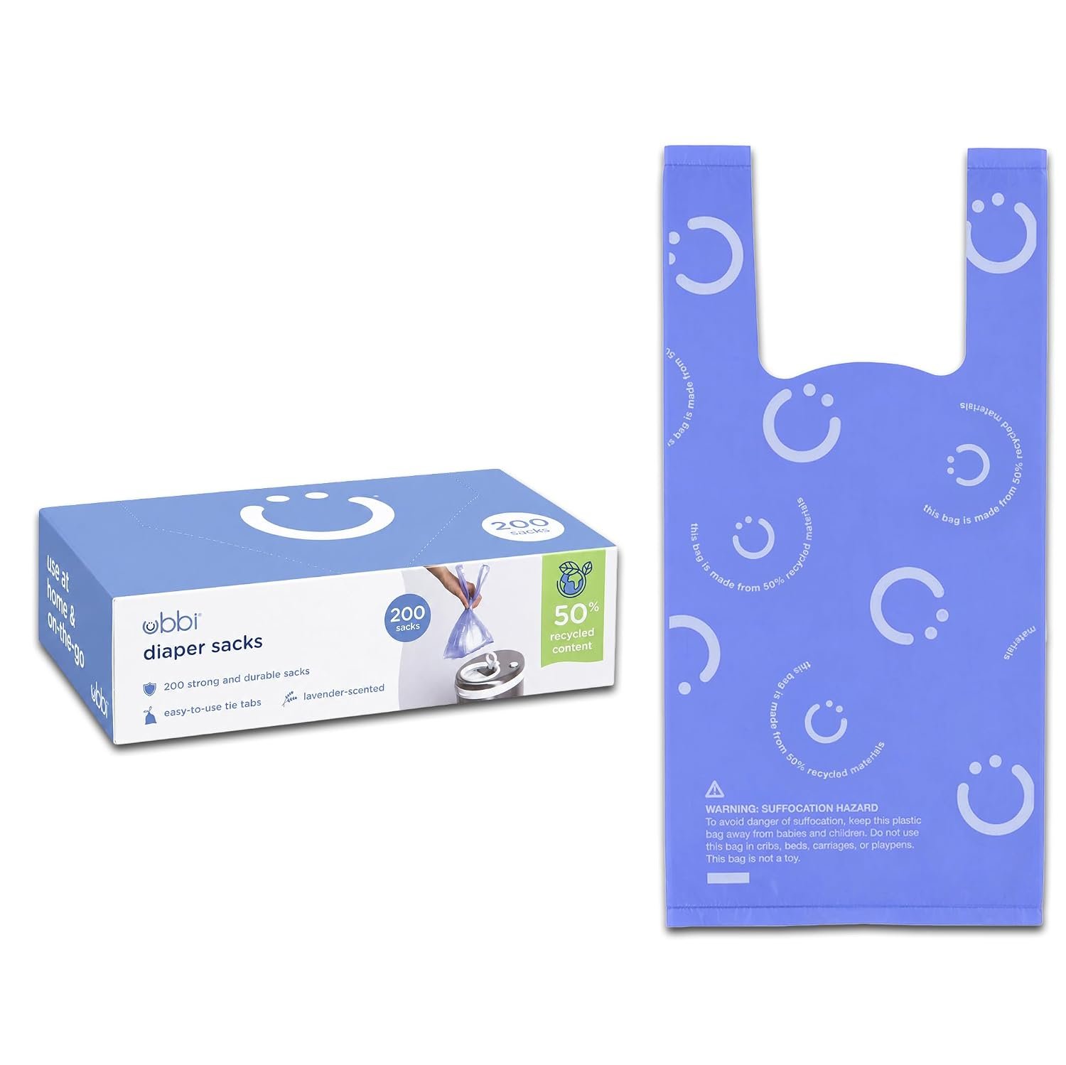 Ubbi Disposable Baby Diaper Sacks, Lavender Scented, 200 Count | Easy-To-Tie Tabs, Made from 50% Recycled Material, Disposable On-The-Go Bags, Diaper Bag and Travel Essential