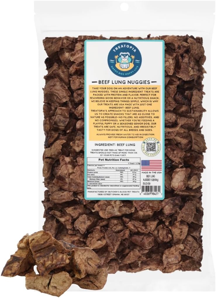 TREATOPIA Beef Lung Nuggies Dog Treats, 1 LB Bag, All-Natural | Healthy, High Protein, Hand-Trimmed, Slow-Roasted, Made in The USA, Nutritious, No Additives, No Fillers, All Life Stages