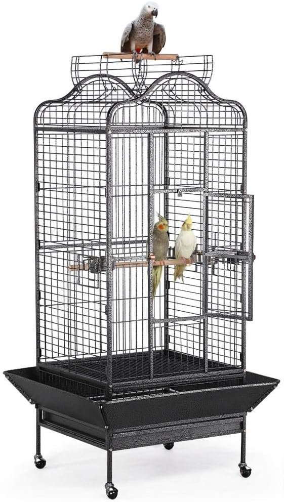 Yaheetech 63” Bird Cage with Stand Wrought Iron Rolling Open Play Top Large Bird Cage for Mini Macaw African Grey Amazon Parrot