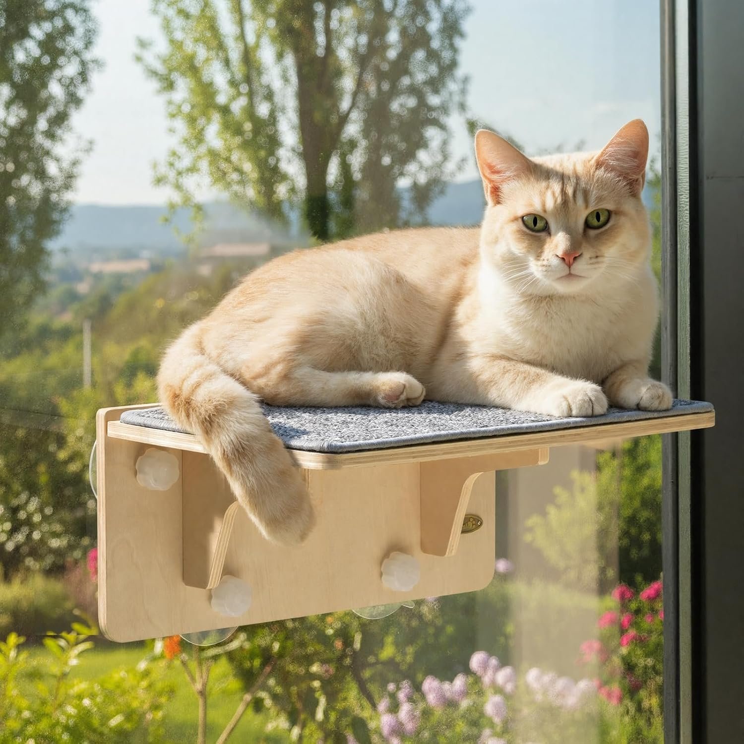 Pecute 2-in-1 Cat Window Perch & Wall Shelves, Cat Hammock Window 16″x10″ | Solid Wood Frame, Strong Suction Cups, Washable Cover Mat, Window Bed for Kitten, Indoor Cats, Window Seat for Birds Watching