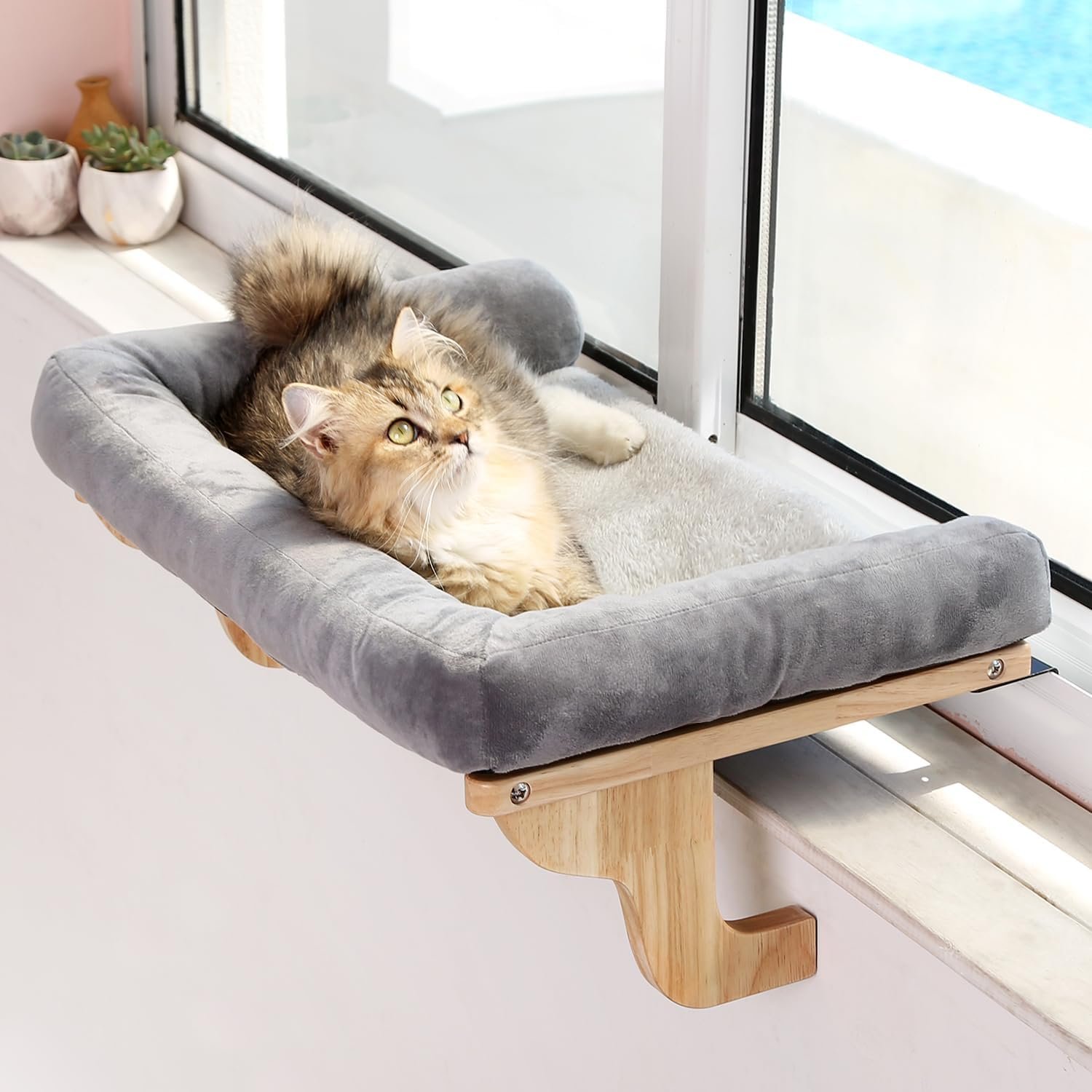 Zakkart Cat Perch for Window Sill with Bolster – Orthopedic Hammock Design with Premium Hardwood & Robust Metal Frame – Cat Window Seat for Large Cats and Kittens – Natural Color Wood Gray Bed, 24”W