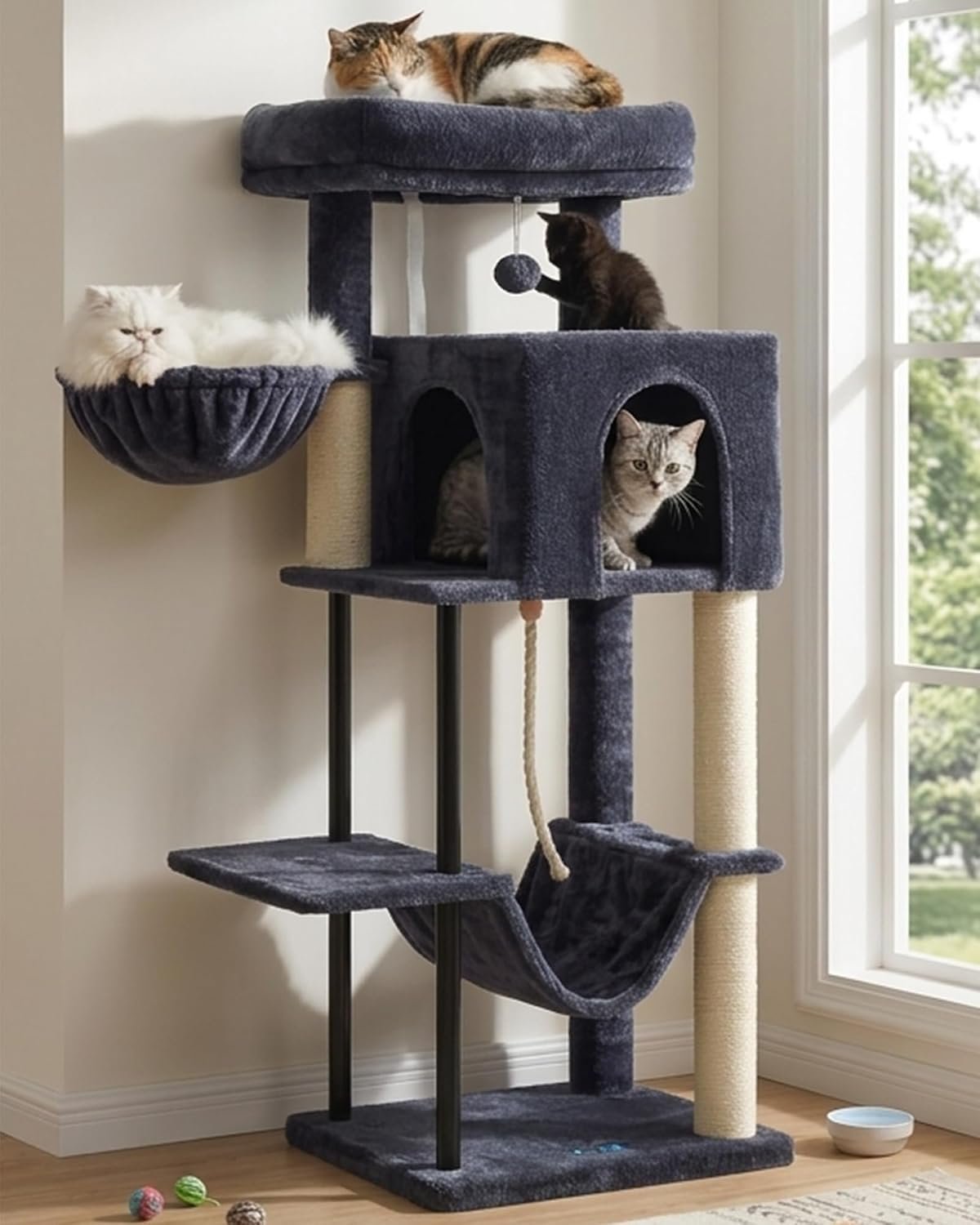 Cat Tree, Cat Tower for Indoor Cats, 43.3 inch Cat Tree Tower with Sturdy Steel Tube, Hammock, Cat Condo for Small Cats and Kittens, Scratching Post, Smoky Gray GCT004SG