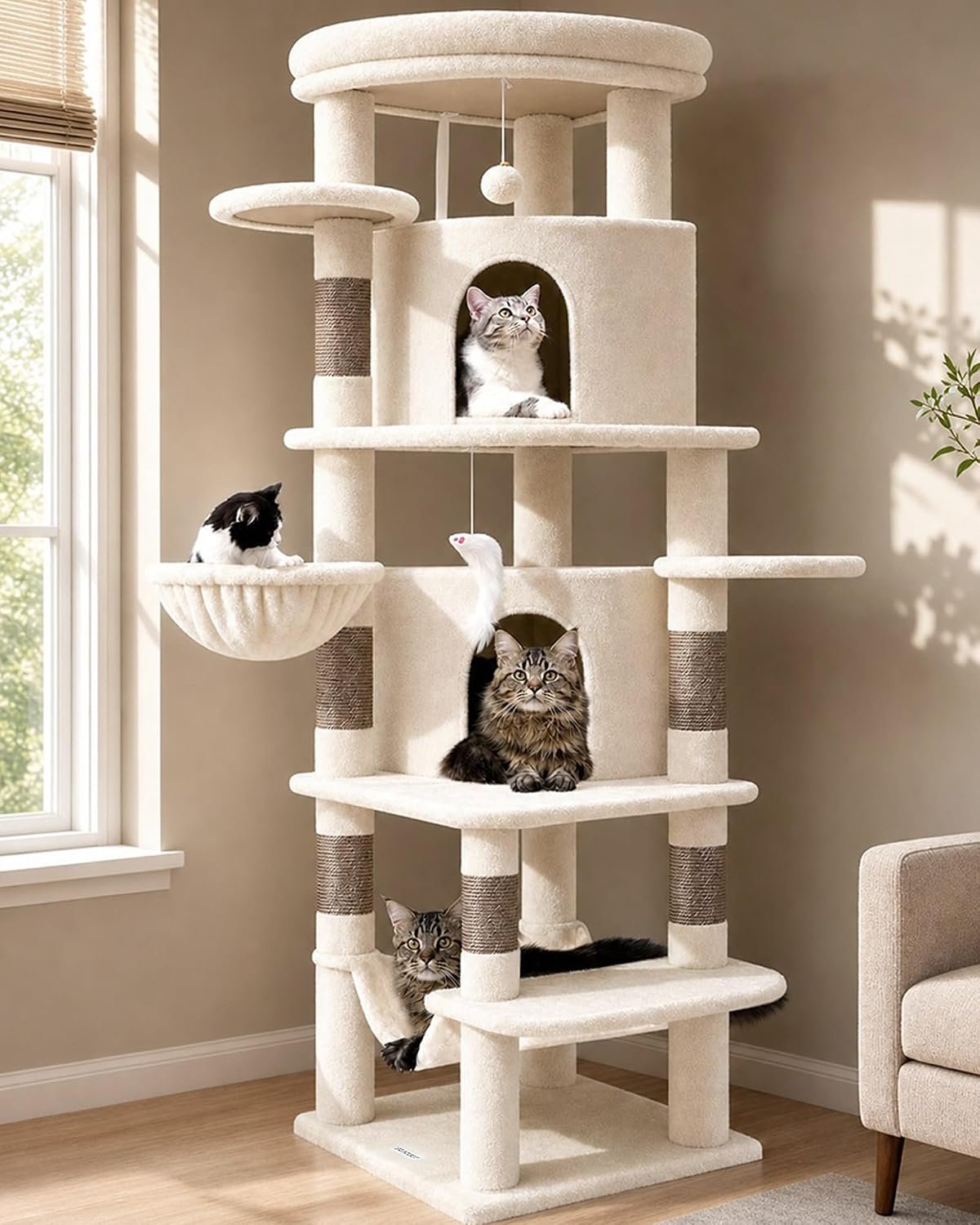 Globlazer Corner Cat Tree for Large Cats, 66inch Tall Curved Series Large Cat Tower for Multiple Indoor Cats with 6 Scratching Posts, 2 Spacious Cat Condos, Hammock, Hanging Basket, C66, Beige