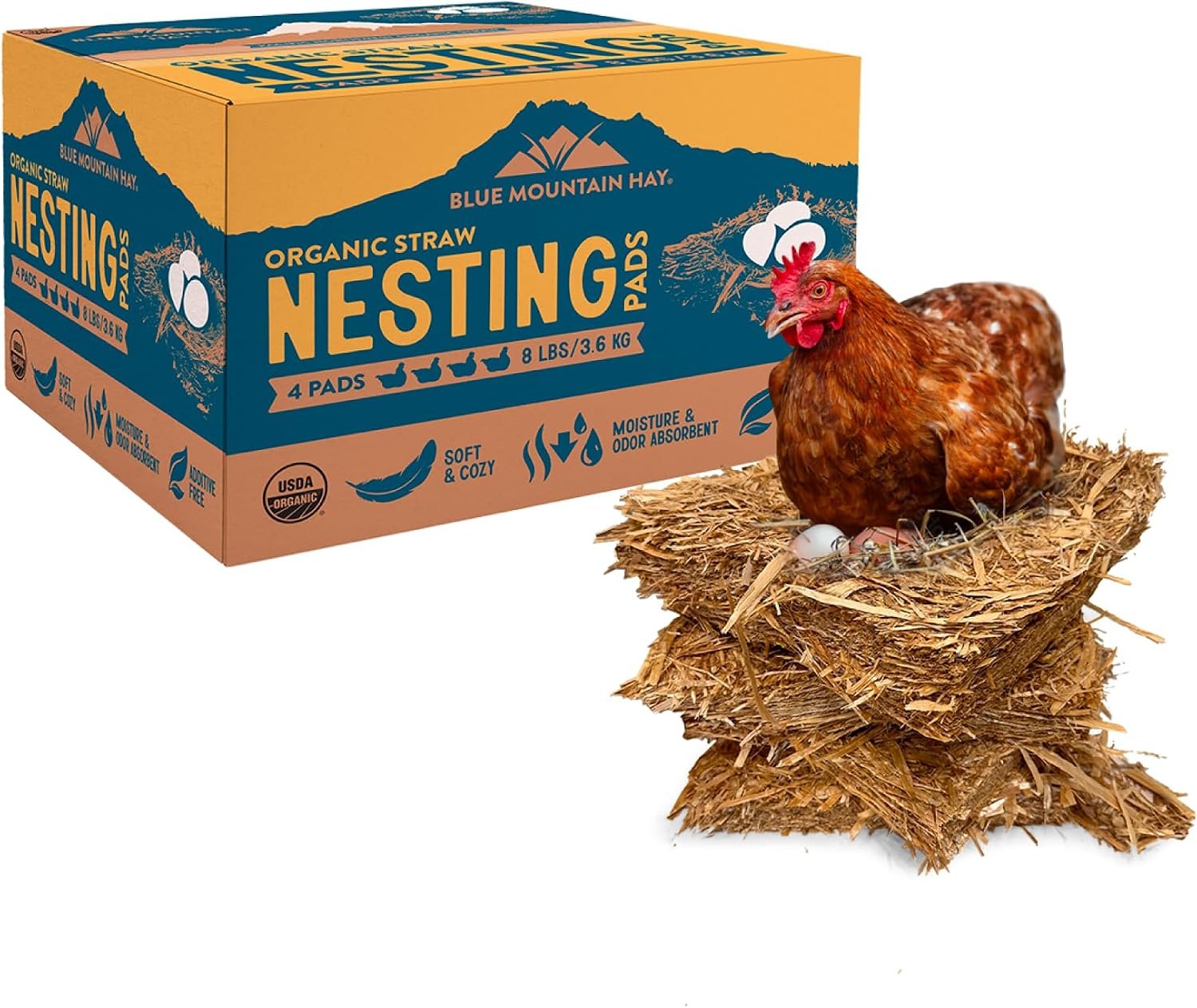 Organic Straw Nesting Pads for Chicken Nest Boxes, 4 Pack | 4 Nesting Pads, Chicken Coop Nest Liners, Clean Cushioned Bedding, USDA Organic Straw, Chemical Free Material Support