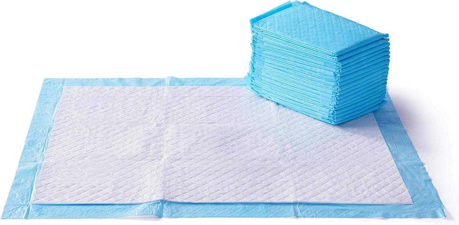 Amazon Basics Super Absorbent Dog and Puppy Potty Pads, Leak-Proof 5-Layer Design with Quick-Dry Surface for Housebreaking, Heavy Duty Absorbency, X-Large, 28 x 34 Inch, Blue & White, 25-Pack