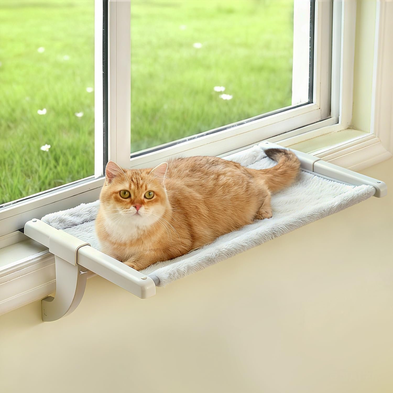 Zoratoo Windowsill Cat Perch, One-Step Sliding Adjustment Cat Hammock, XL | 26.8”x11.8”, Stable Metal Structure, Machine Washable, Two Fabrics Cover, No Suction Cups Pet Bed for Windowsill & Bedside