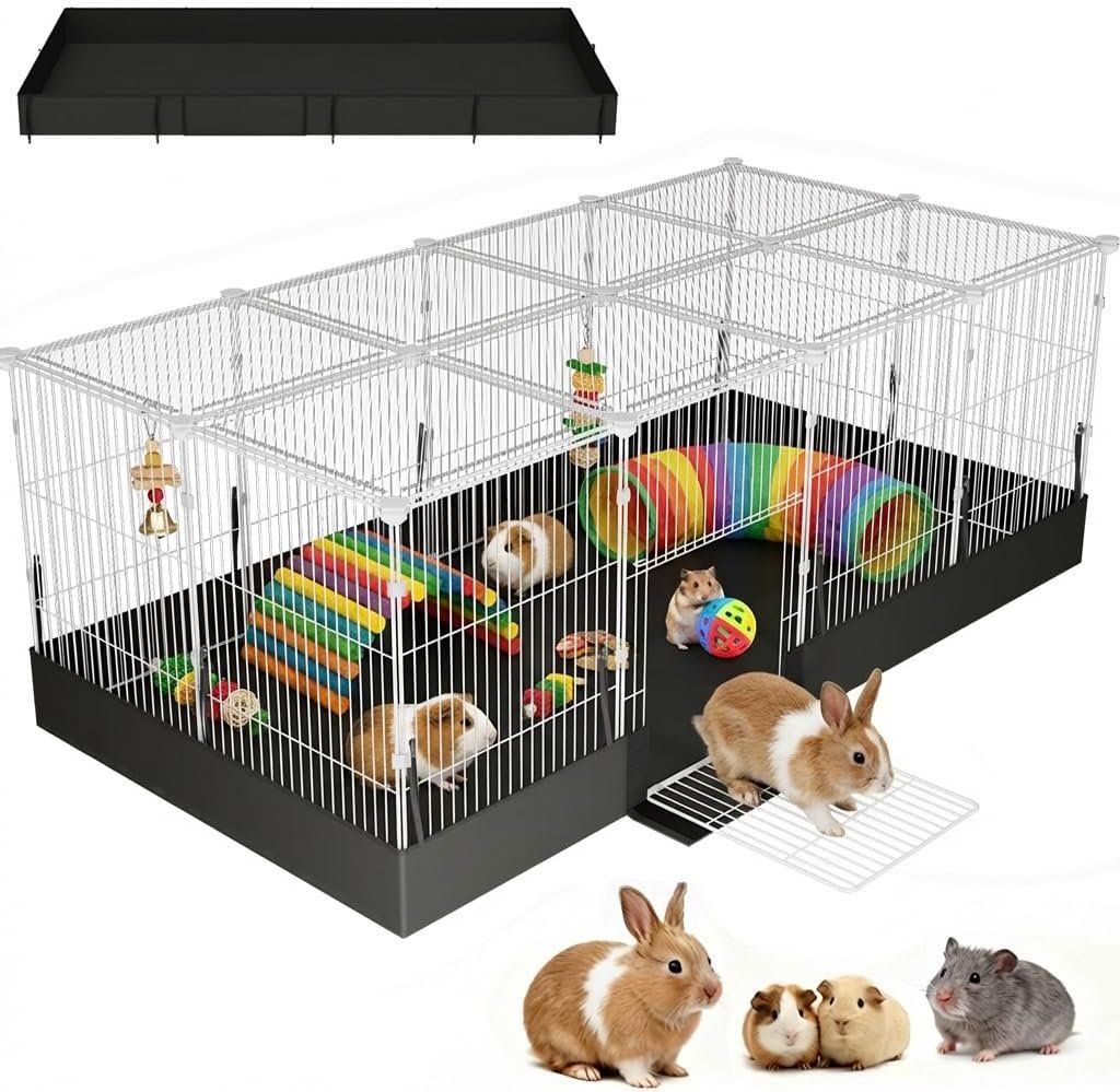 20 Planes Guinea Pig Cages Enclosed Hamster Cage with Transparent Top & Waterproof Liner, Expandable Cage for Guinea Pigs, Metal Wire Yard Fence Rabbit Cage